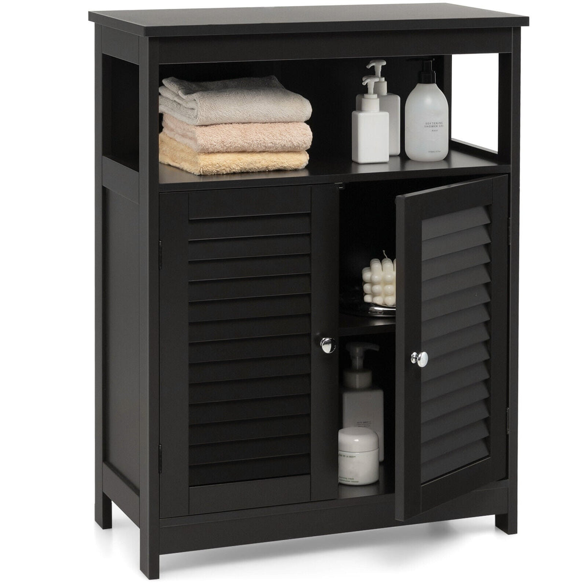 Wood Bathroom Storage Cabinet - Black Double Shutter Door 31.5"H-Floor Cabinets-DECOROLALA
