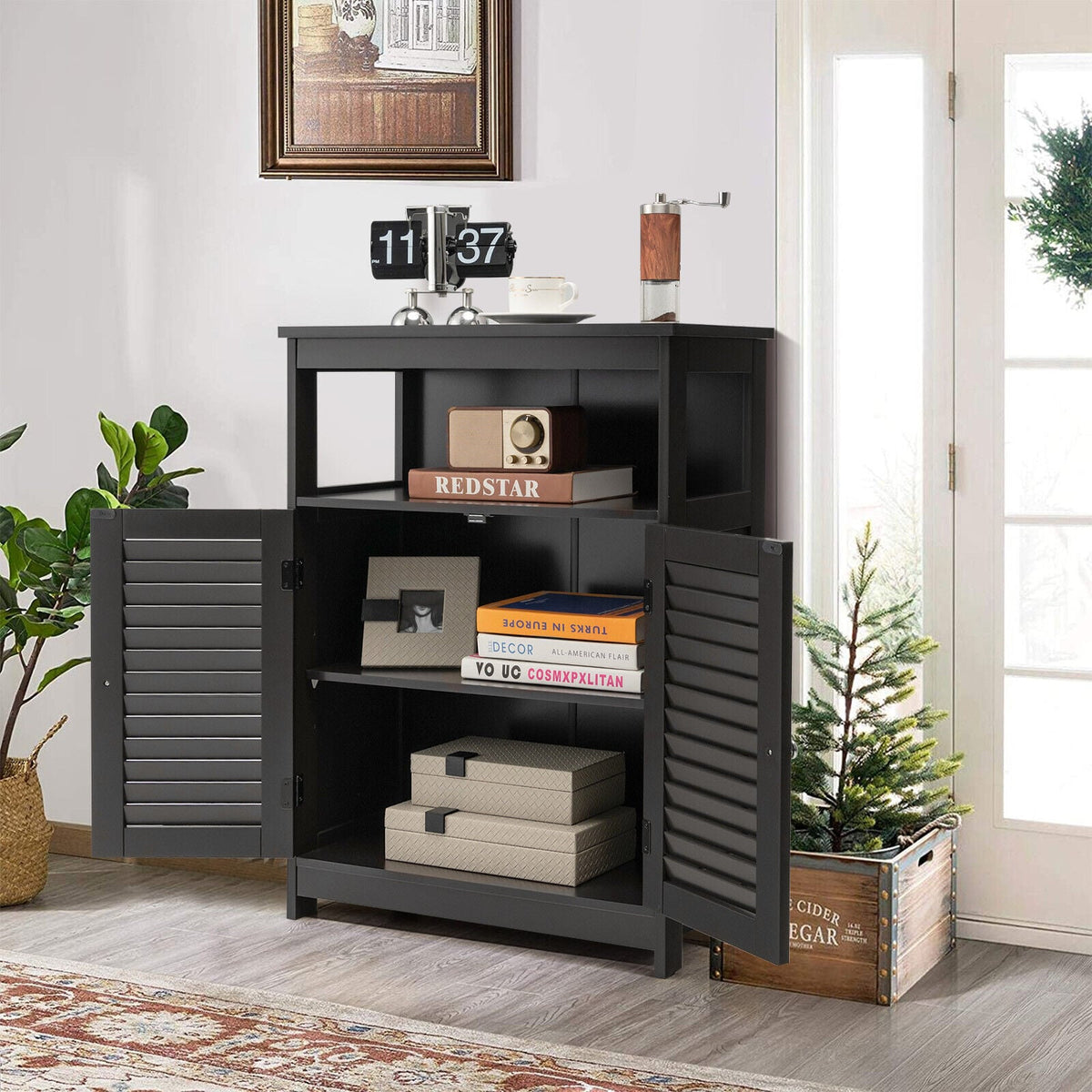Wood Bathroom Storage Cabinet - Black Double Shutter Door 31.5"H-Floor Cabinets-DECOROLALA