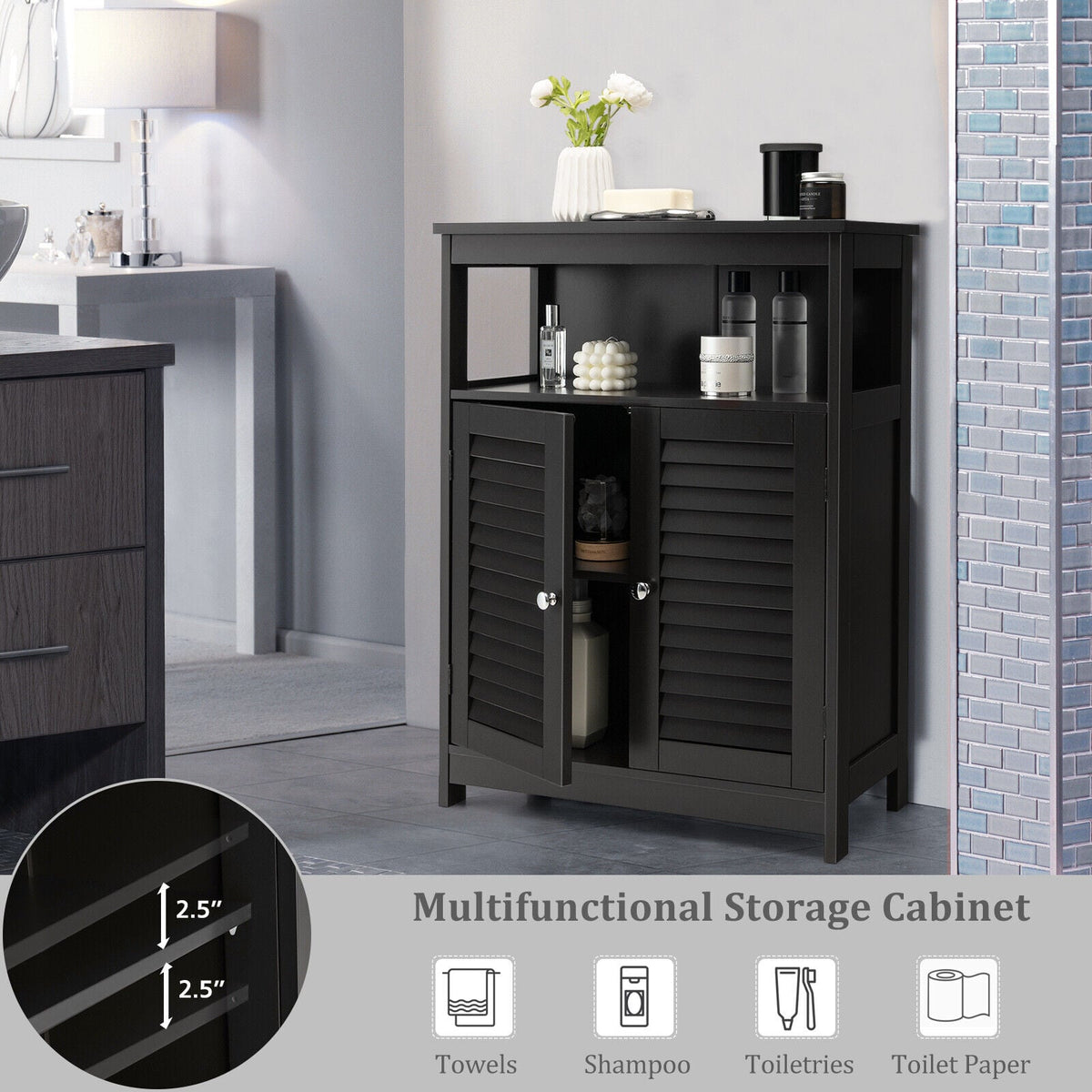 Wood Bathroom Storage Cabinet - Black Double Shutter Door 31.5"H-Floor Cabinets-DECOROLALA