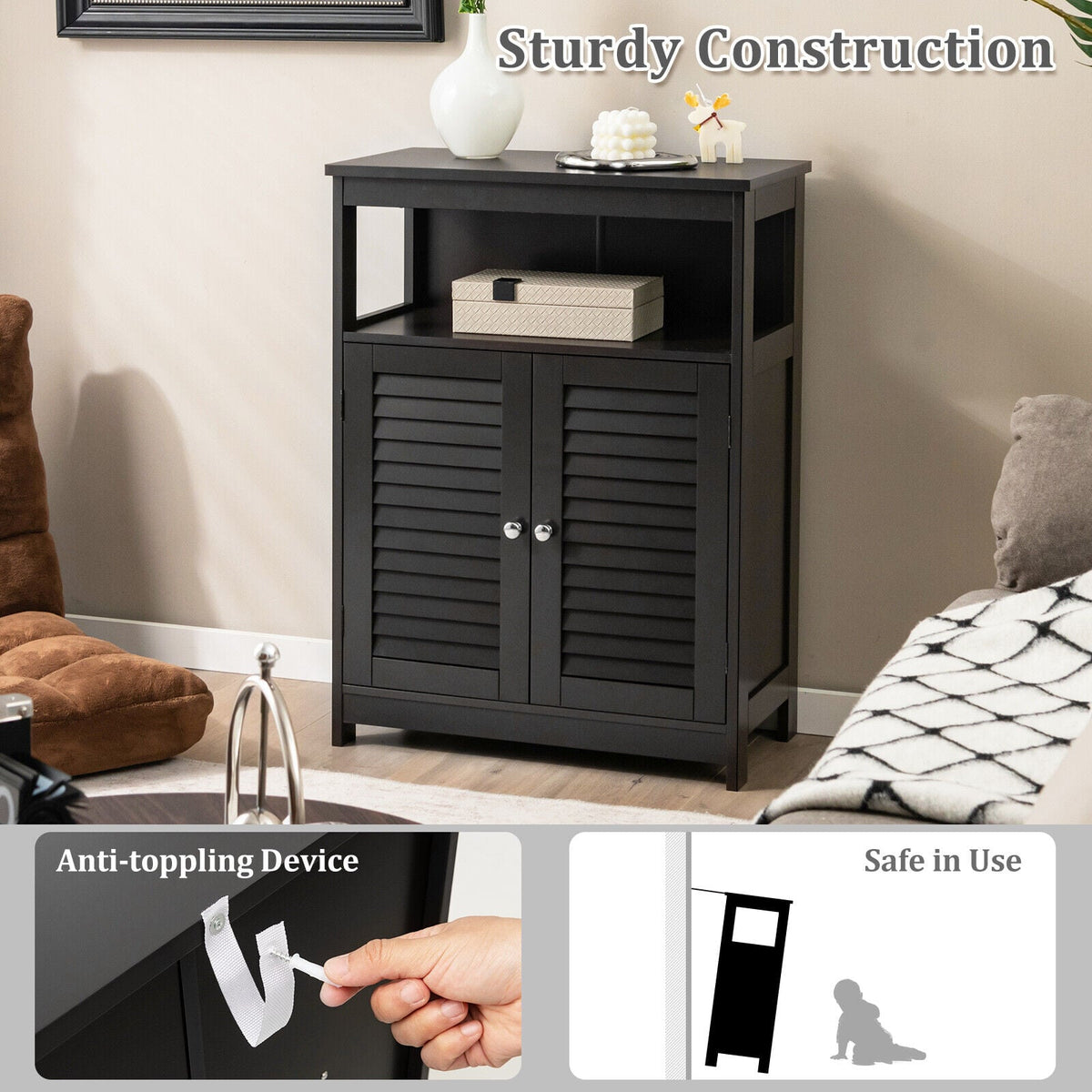 Wood Bathroom Storage Cabinet - Black Double Shutter Door 31.5"H-Floor Cabinets-DECOROLALA