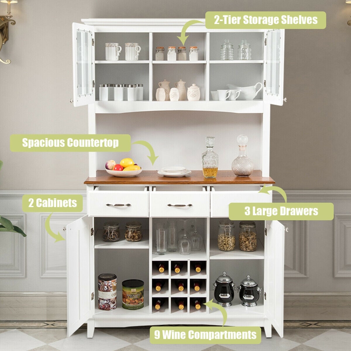 Wood Buffet Hutch Cabinet with 3 Large Drawers-Sideboards & Buffets-DECOROLALA