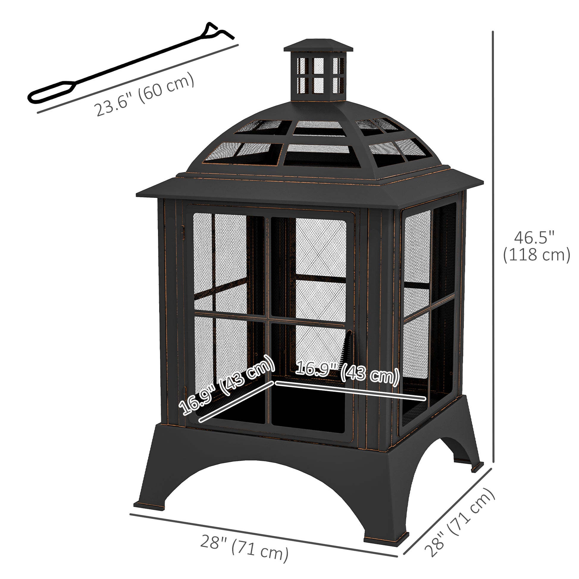 Wood-Burning Fire Pit, Chimney Style Firepit with Poker, 28" x 28", Black-Patio & Garden > Fire Pits-DECOROLALA