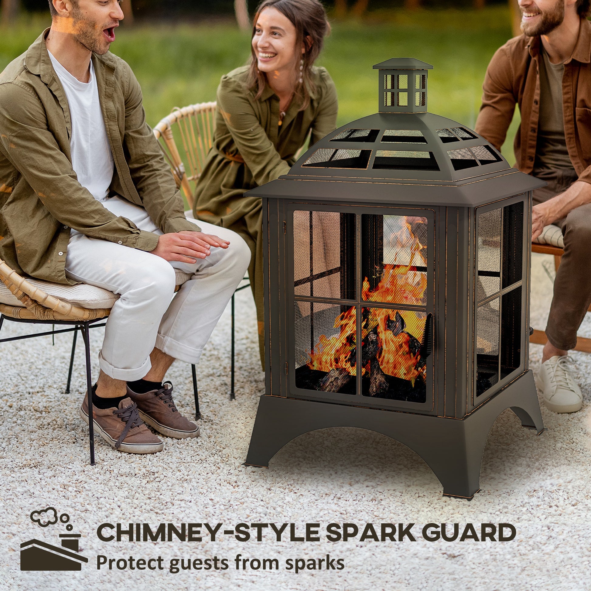 Wood-Burning Fire Pit, Chimney Style Firepit with Poker, 28" x 28", Black-Patio & Garden > Fire Pits-DECOROLALA