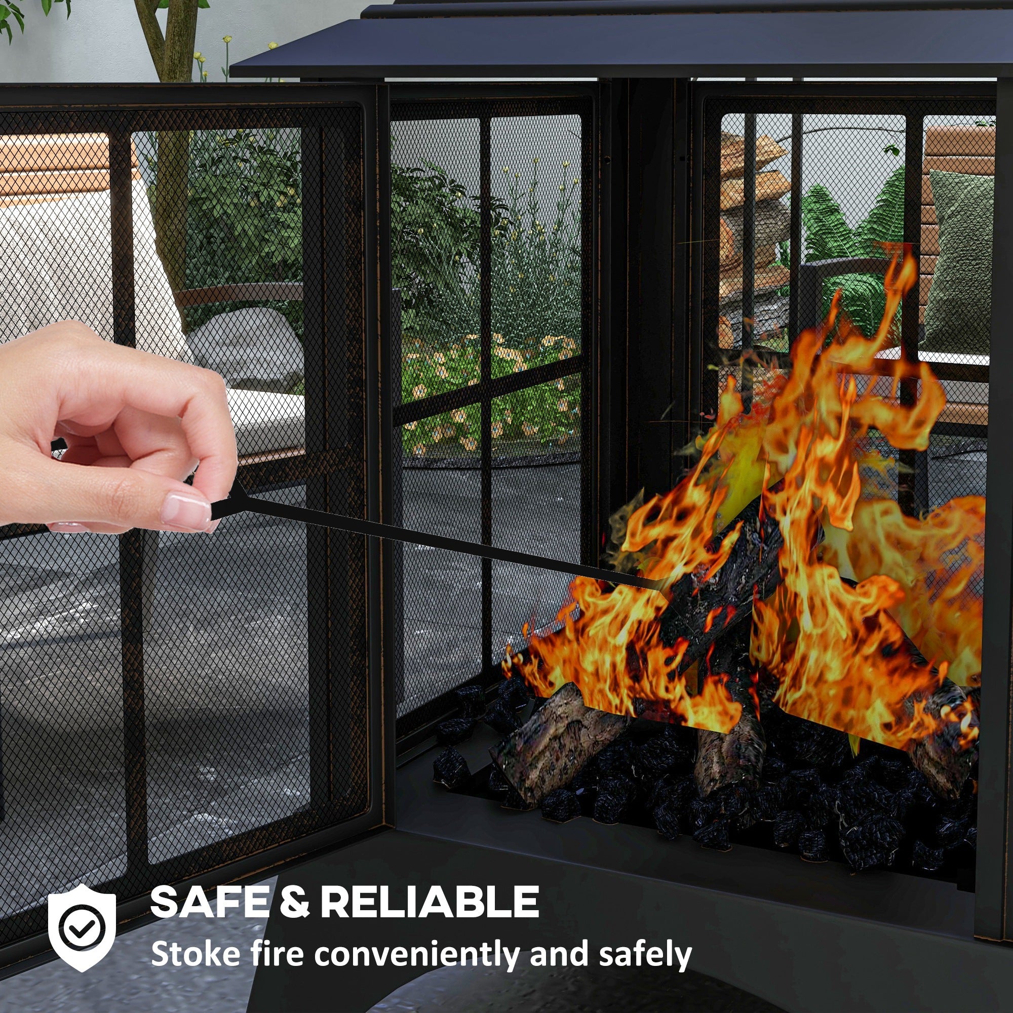 Wood-Burning Fire Pit, Chimney Style Firepit with Poker, 28" x 28", Black-Patio & Garden > Fire Pits-DECOROLALA