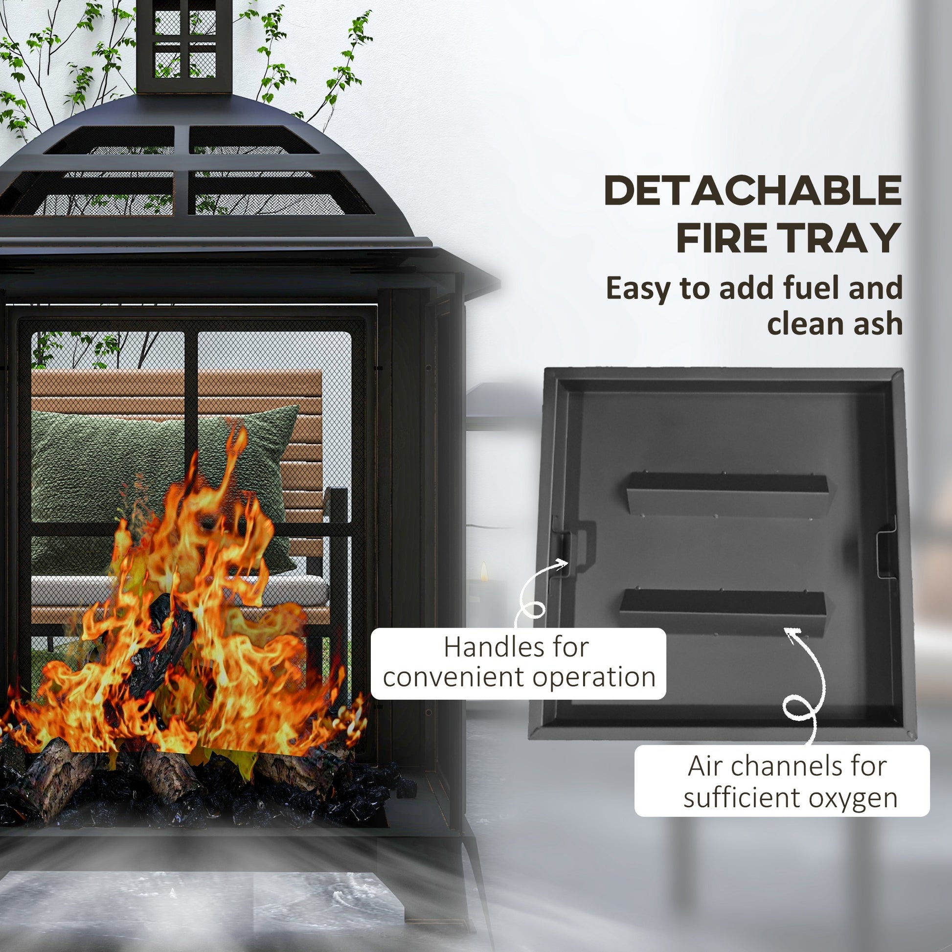 Wood-Burning Fire Pit, Chimney Style Firepit with Poker, 28" x 28", Black-Patio & Garden > Fire Pits-DECOROLALA