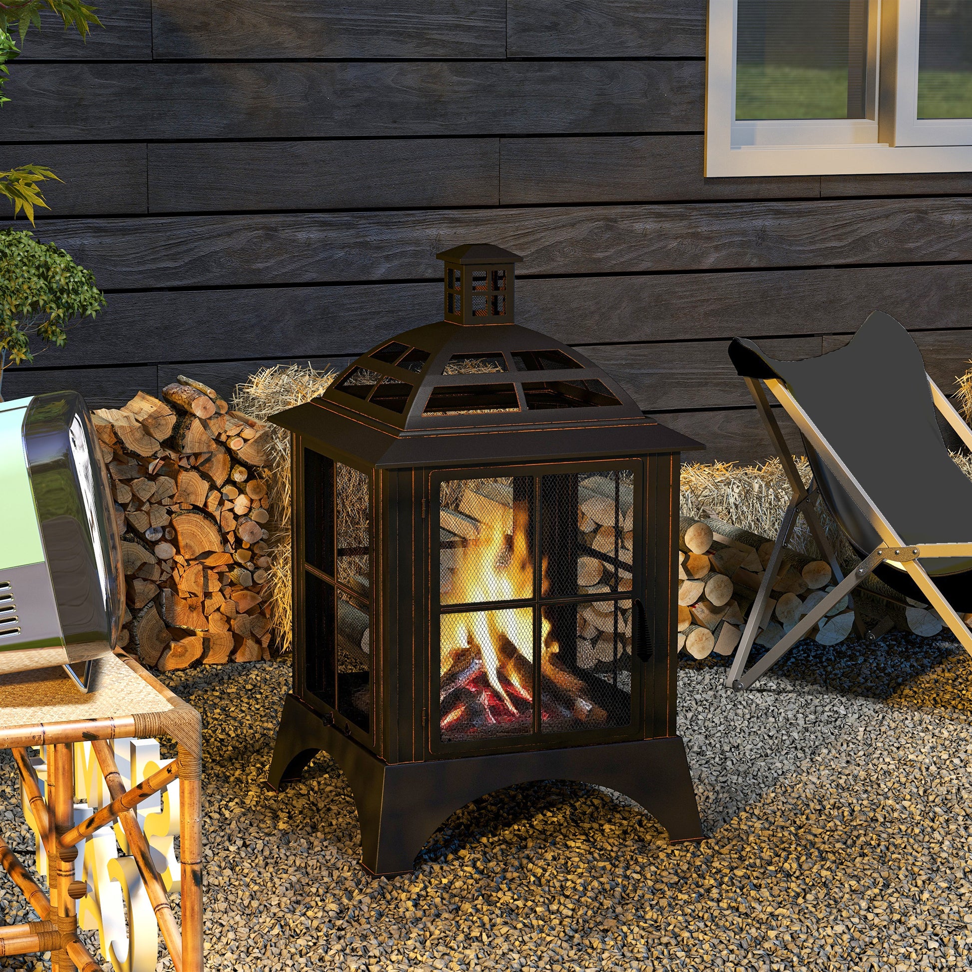 Wood-Burning Fire Pit, Chimney Style Firepit with Poker, 28" x 28", Black-Patio & Garden > Fire Pits-DECOROLALA
