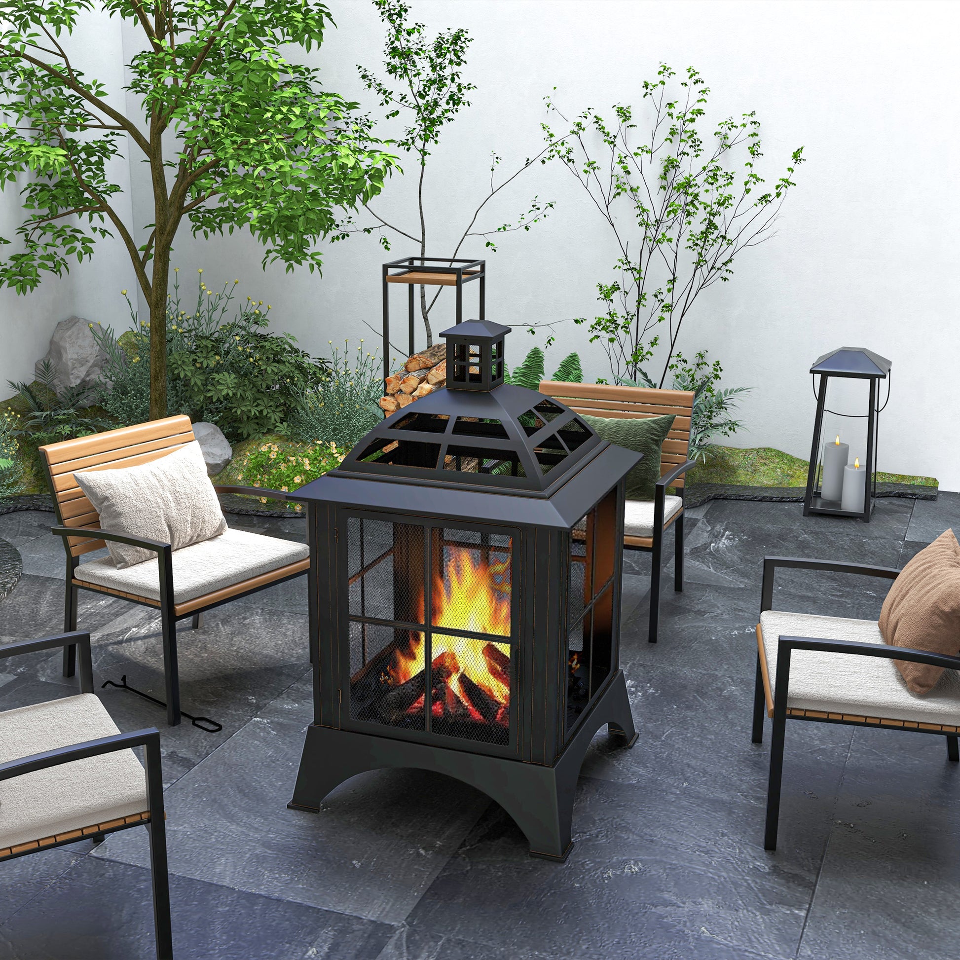 Wood-Burning Fire Pit, Chimney Style Firepit with Poker, 28" x 28", Black-Patio & Garden > Fire Pits-DECOROLALA