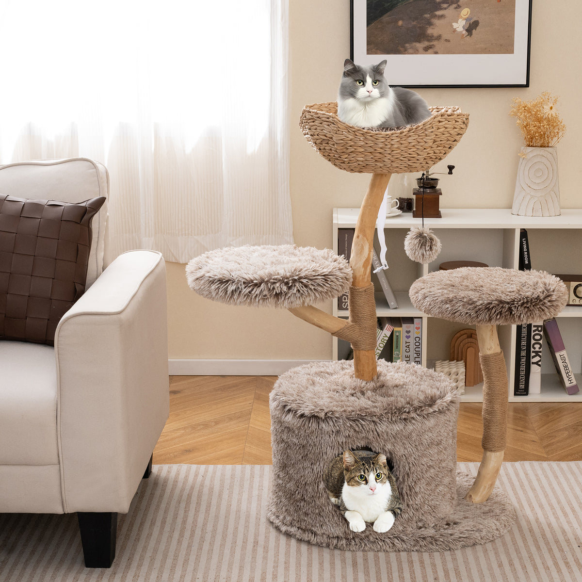 Wood Cat Tree Solid Pear Cat Tree with Perch and Sisal Scratching Posts-Brown-Cat Trees & Scratchers-DECOROLALA