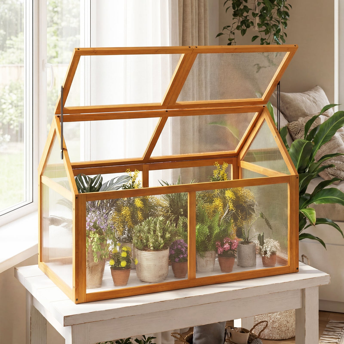 Wood Cold Frame Greenhouse Raised Flower Planter Protection with Adjustable Roof-Orange-Greenhouses-DECOROLALA