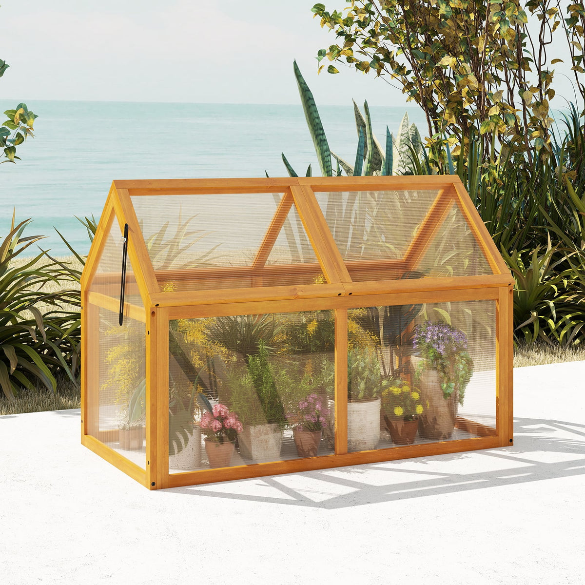 Wood Cold Frame Greenhouse Raised Flower Planter Protection with Adjustable Roof-Orange-Greenhouses-DECOROLALA