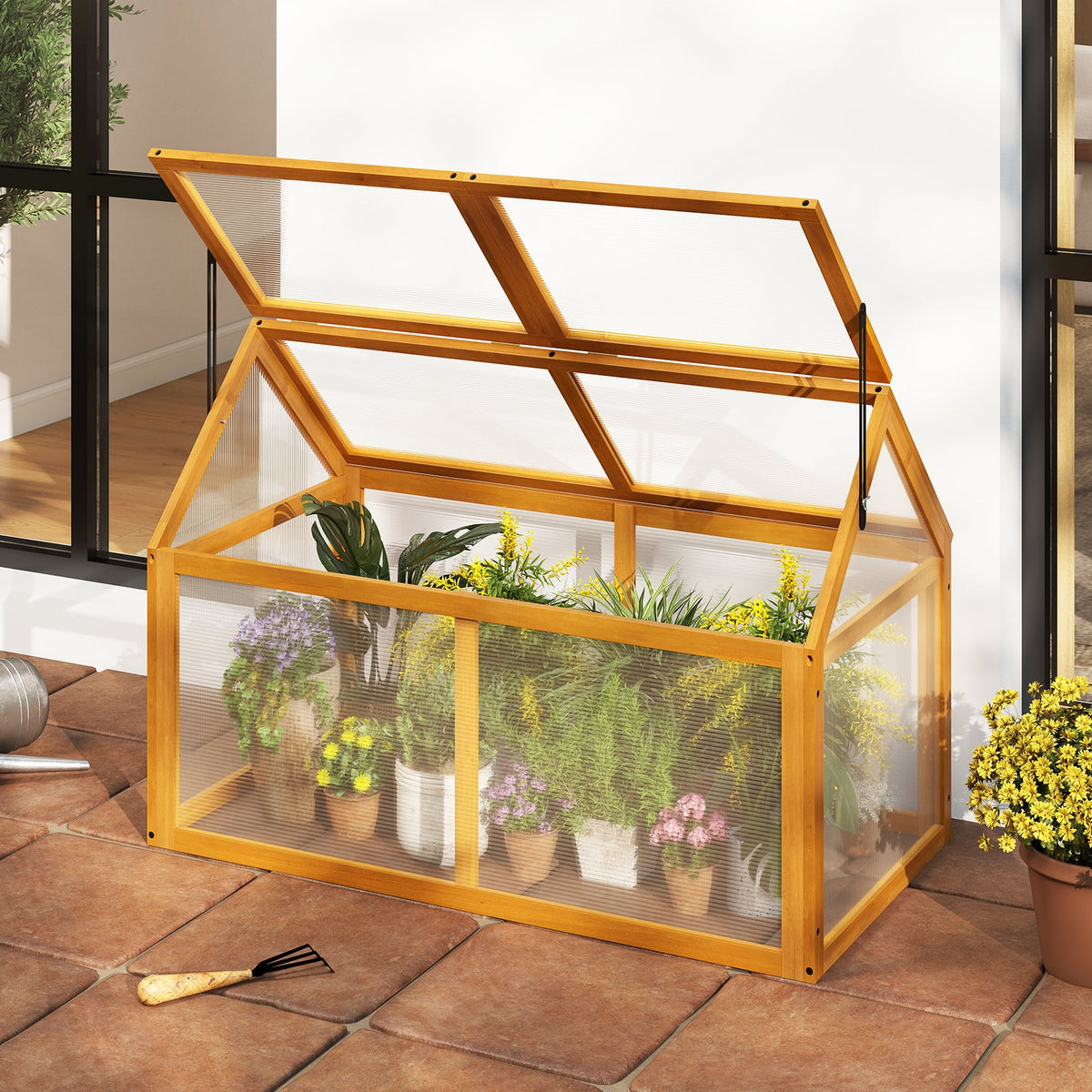 Wood Cold Frame Greenhouse Raised Flower Planter Protection with Adjustable Roof-Orange-Greenhouses-DECOROLALA