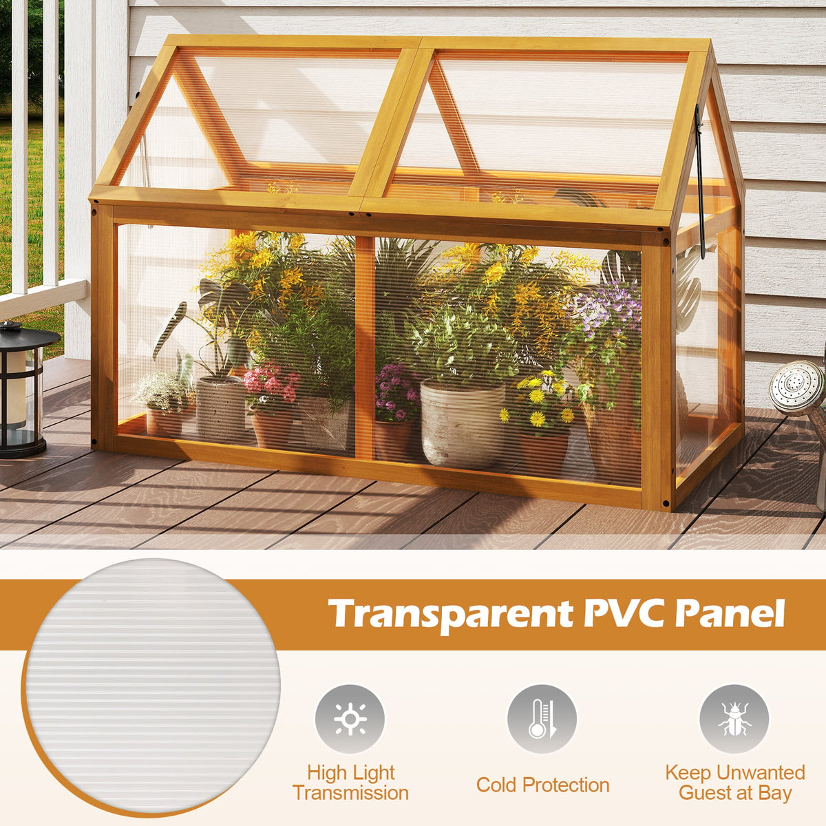 Wood Cold Frame Greenhouse Raised Flower Planter Protection with Adjustable Roof-Orange-Greenhouses-DECOROLALA