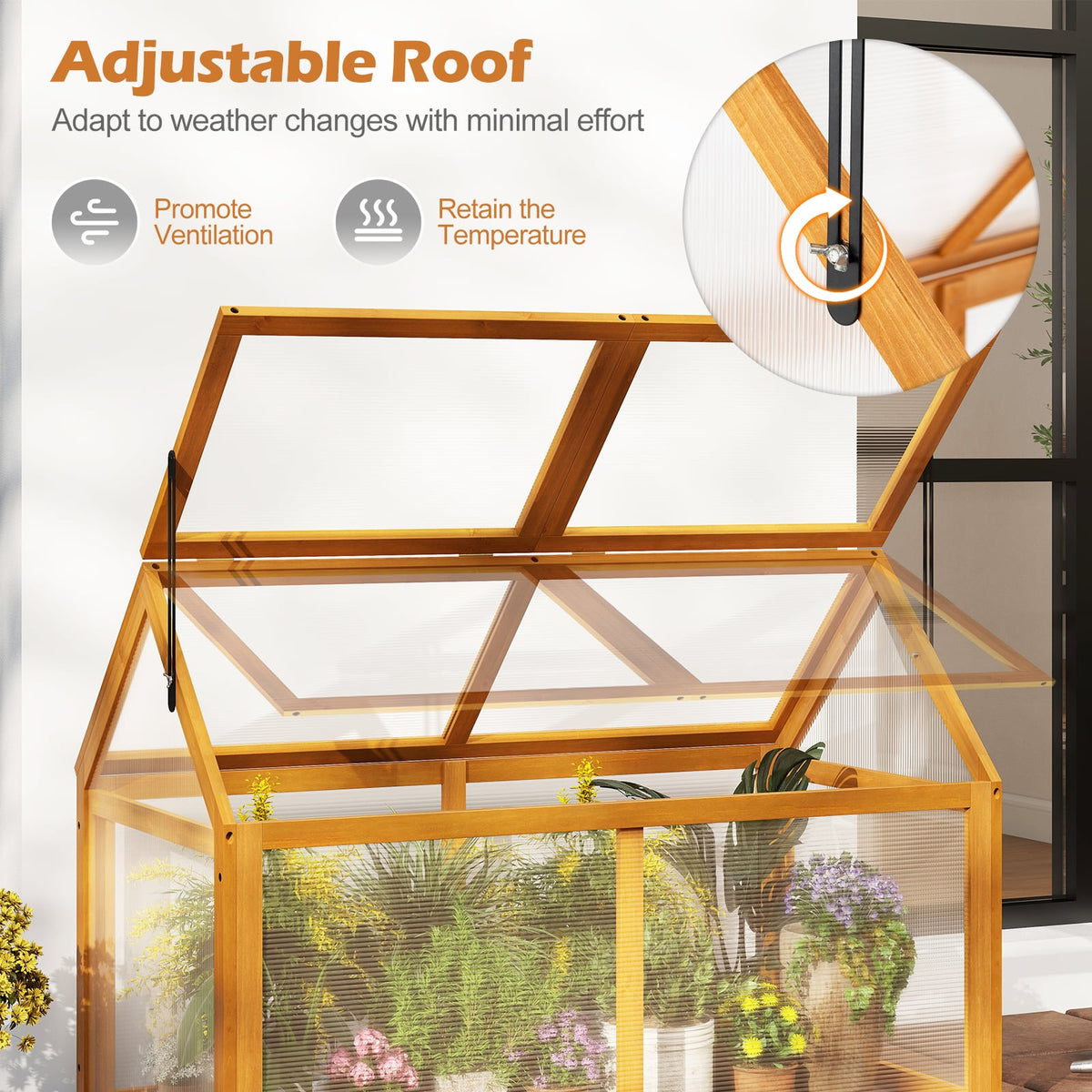 Wood Cold Frame Greenhouse Raised Flower Planter Protection with Adjustable Roof-Orange-Greenhouses-DECOROLALA