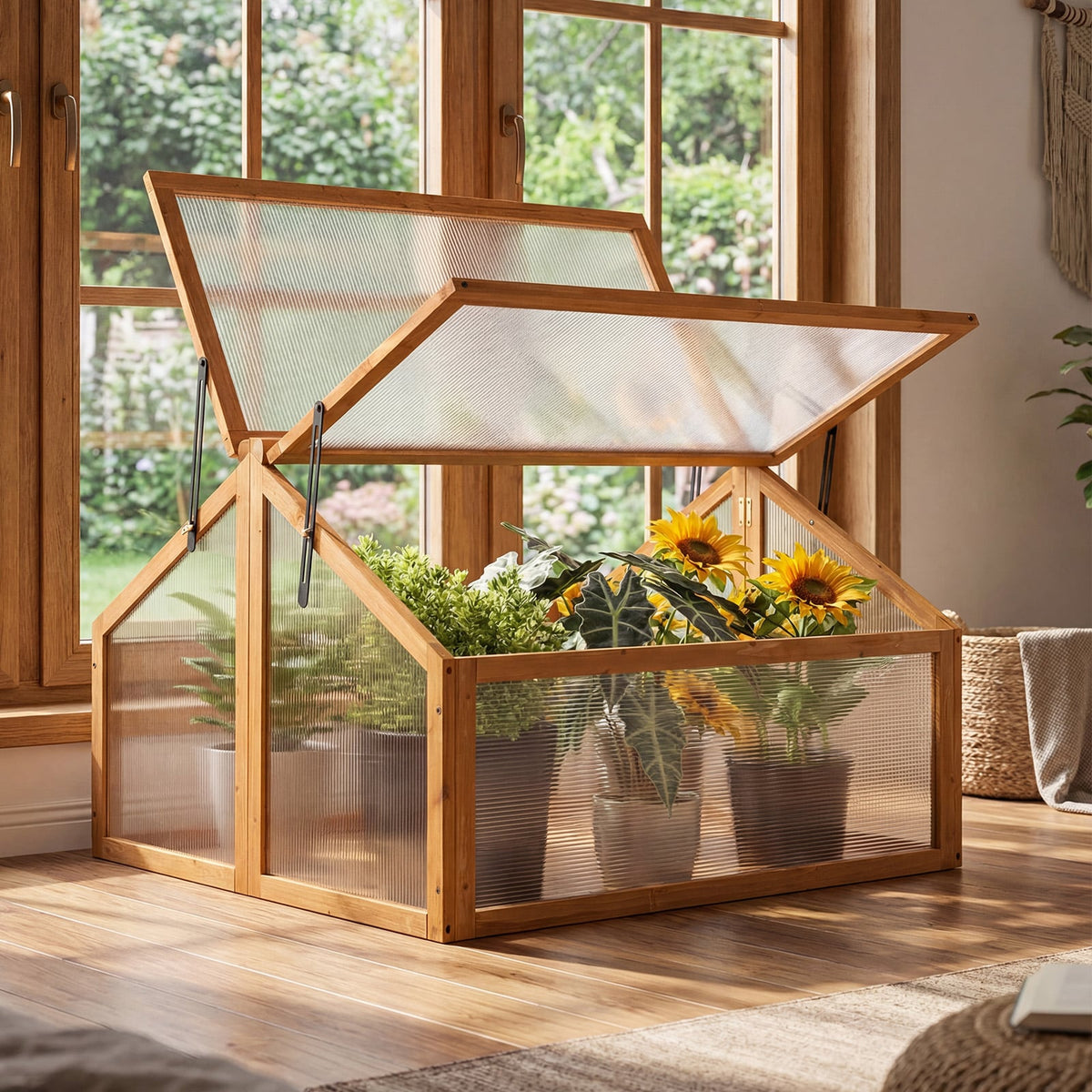 Wood Cold Frame Greenhouse Raised Flower Planter Protection with Transparent Openable Roof-Orange-Greenhouses-DECOROLALA