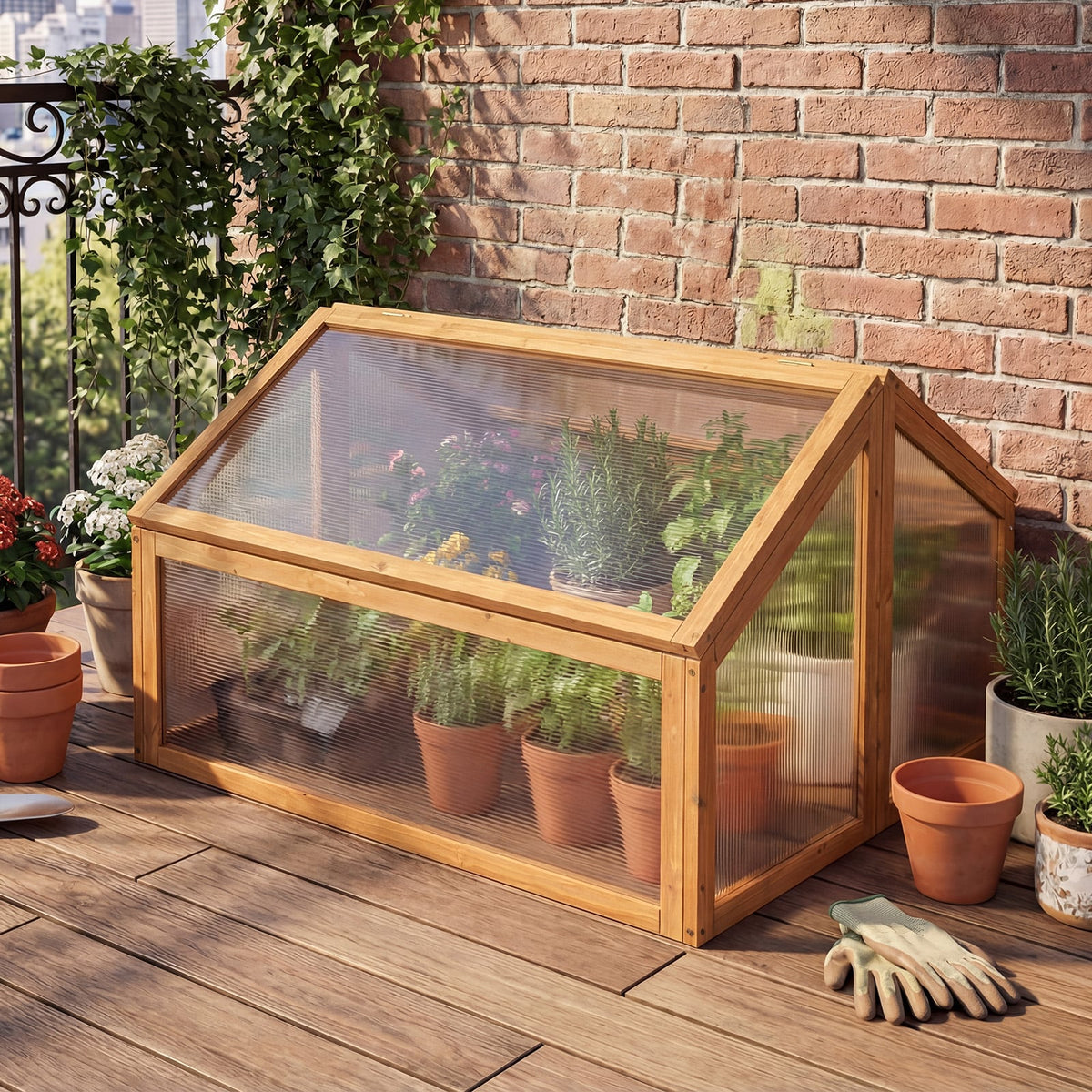 Wood Cold Frame Greenhouse Raised Flower Planter Protection with Transparent Openable Roof-Orange-Greenhouses-DECOROLALA