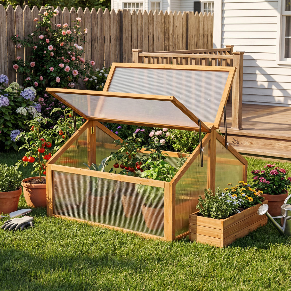 Wood Cold Frame Greenhouse Raised Flower Planter Protection with Transparent Openable Roof-Orange-Greenhouses-DECOROLALA