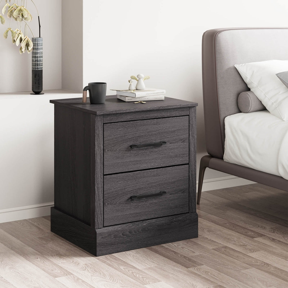 Wood Compact Floor Nightstand with Storage Drawers-Dark Gray-Nightstands-DECOROLALA