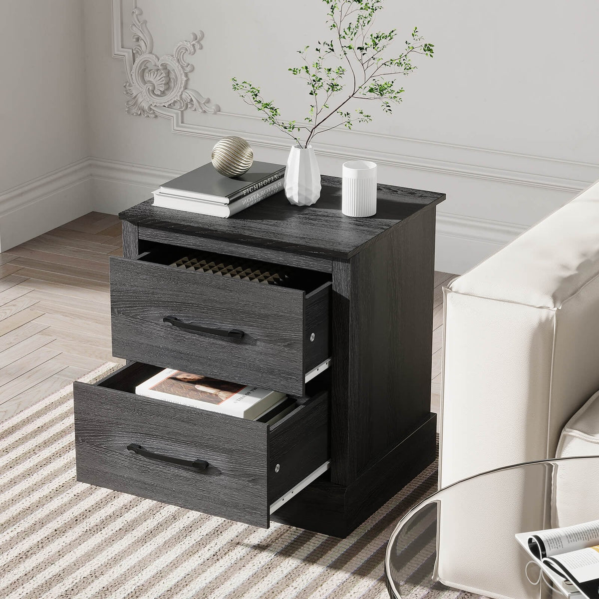 Wood Compact Floor Nightstand with Storage Drawers-Dark Gray-Nightstands-DECOROLALA