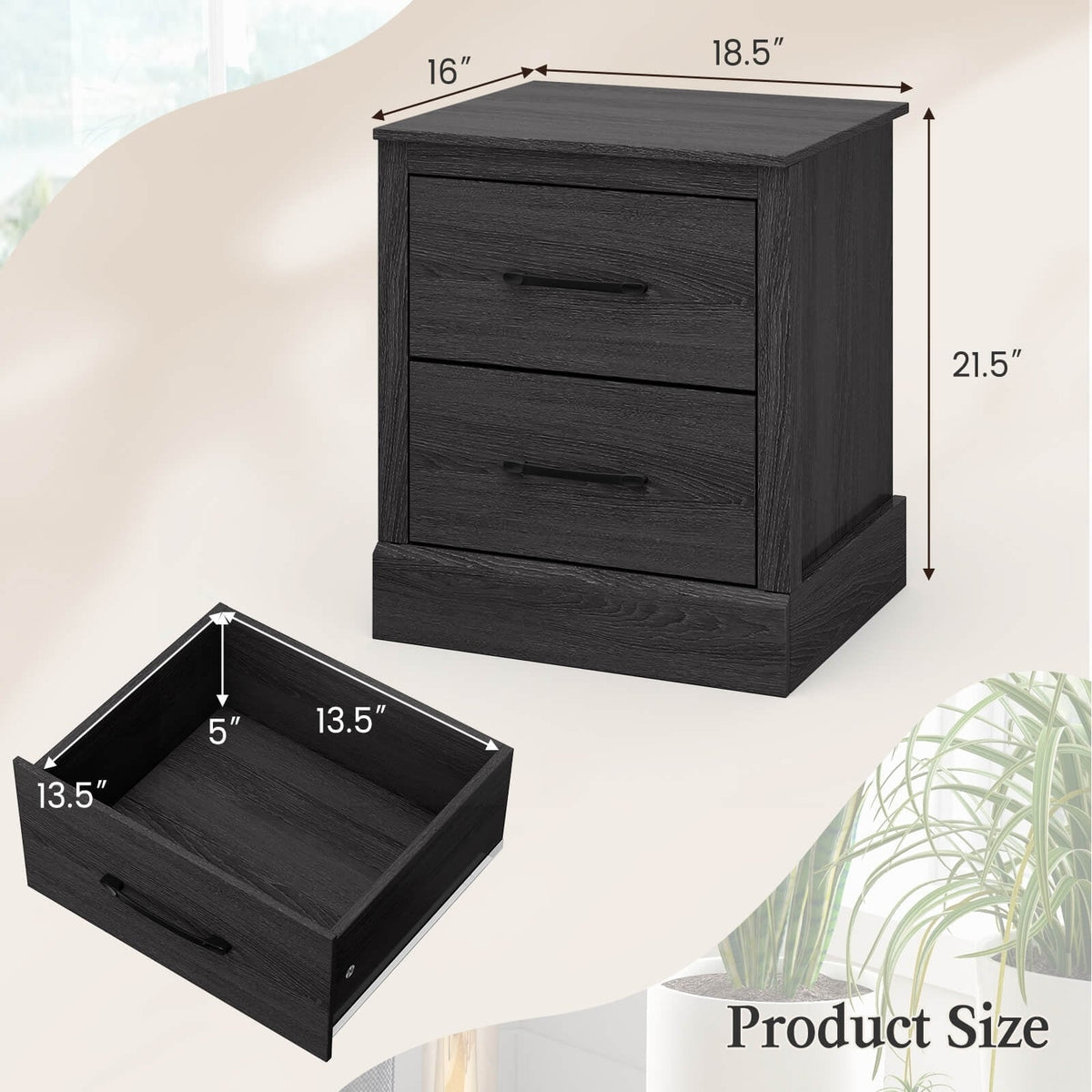 Wood Compact Floor Nightstand with Storage Drawers-Dark Gray-Nightstands-DECOROLALA
