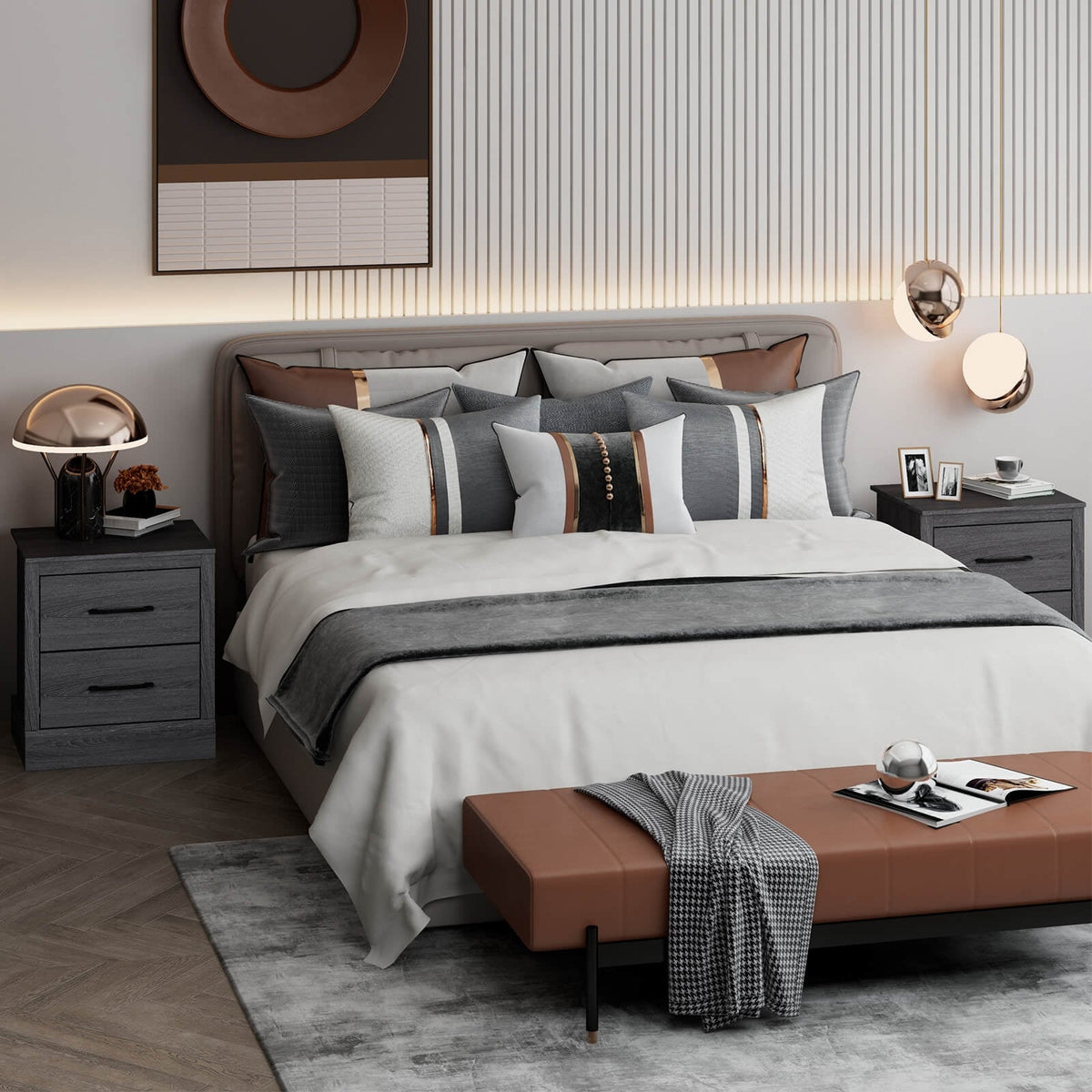 Wood Compact Floor Nightstand with Storage Drawers-Dark Gray-Nightstands-DECOROLALA