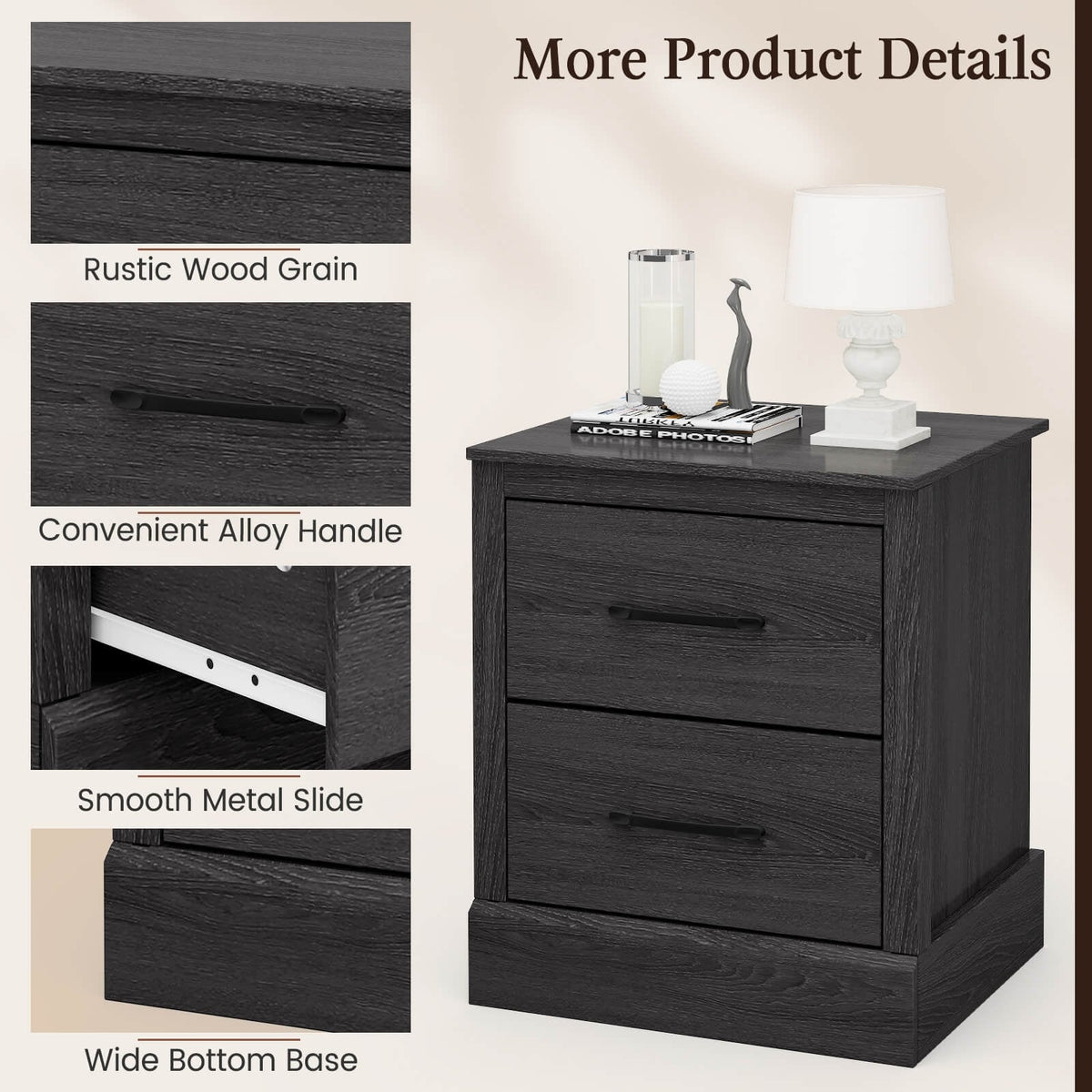 Wood Compact Floor Nightstand with Storage Drawers-Dark Gray-Nightstands-DECOROLALA