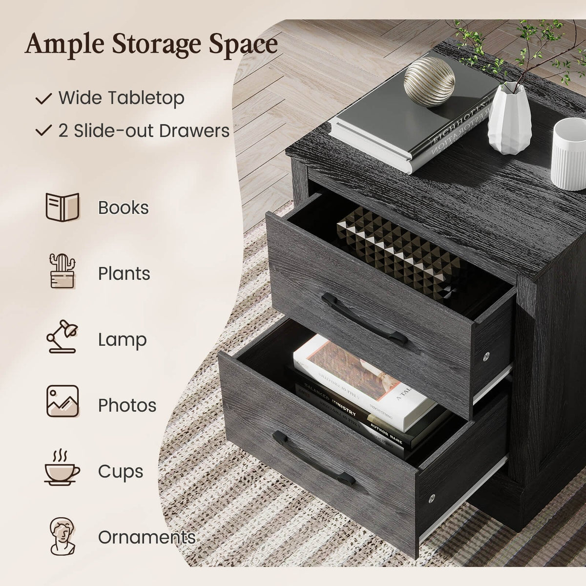 Wood Compact Floor Nightstand with Storage Drawers-Dark Gray-Nightstands-DECOROLALA
