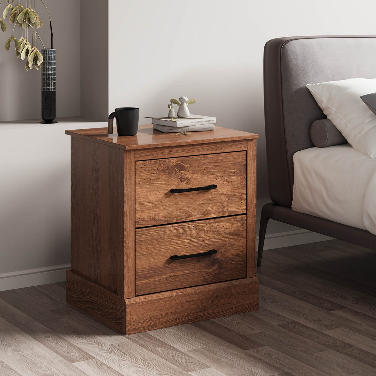 Wood Compact Floor Nightstand with Storage Drawers-Rustic Brown-Nightstands-DECOROLALA