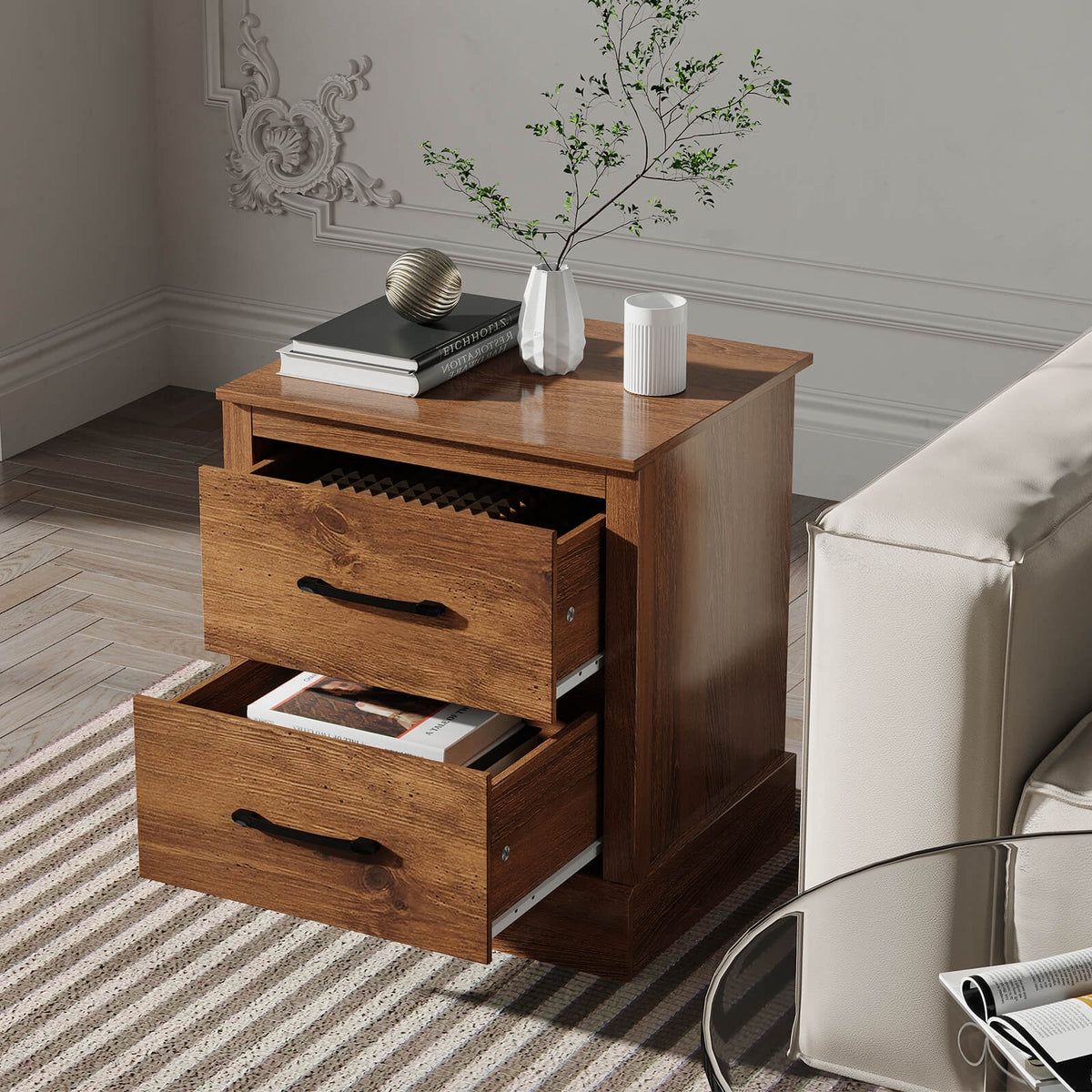 Wood Compact Floor Nightstand with Storage Drawers-Rustic Brown-Nightstands-DECOROLALA