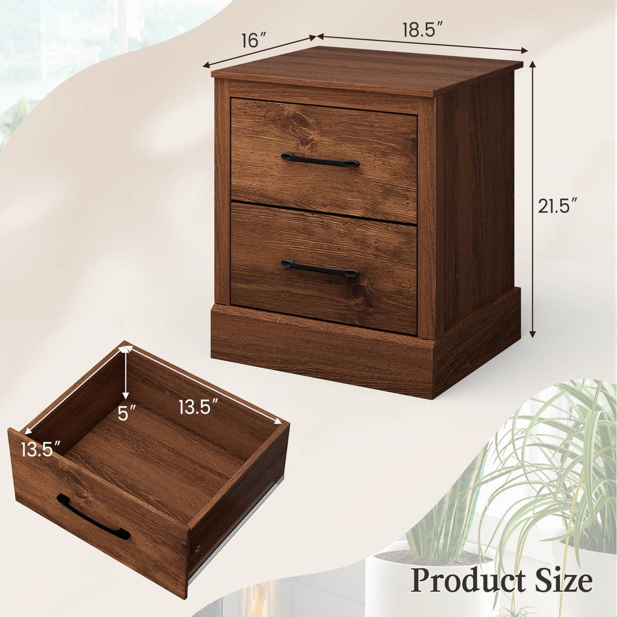 Wood Compact Floor Nightstand with Storage Drawers-Rustic Brown-Nightstands-DECOROLALA