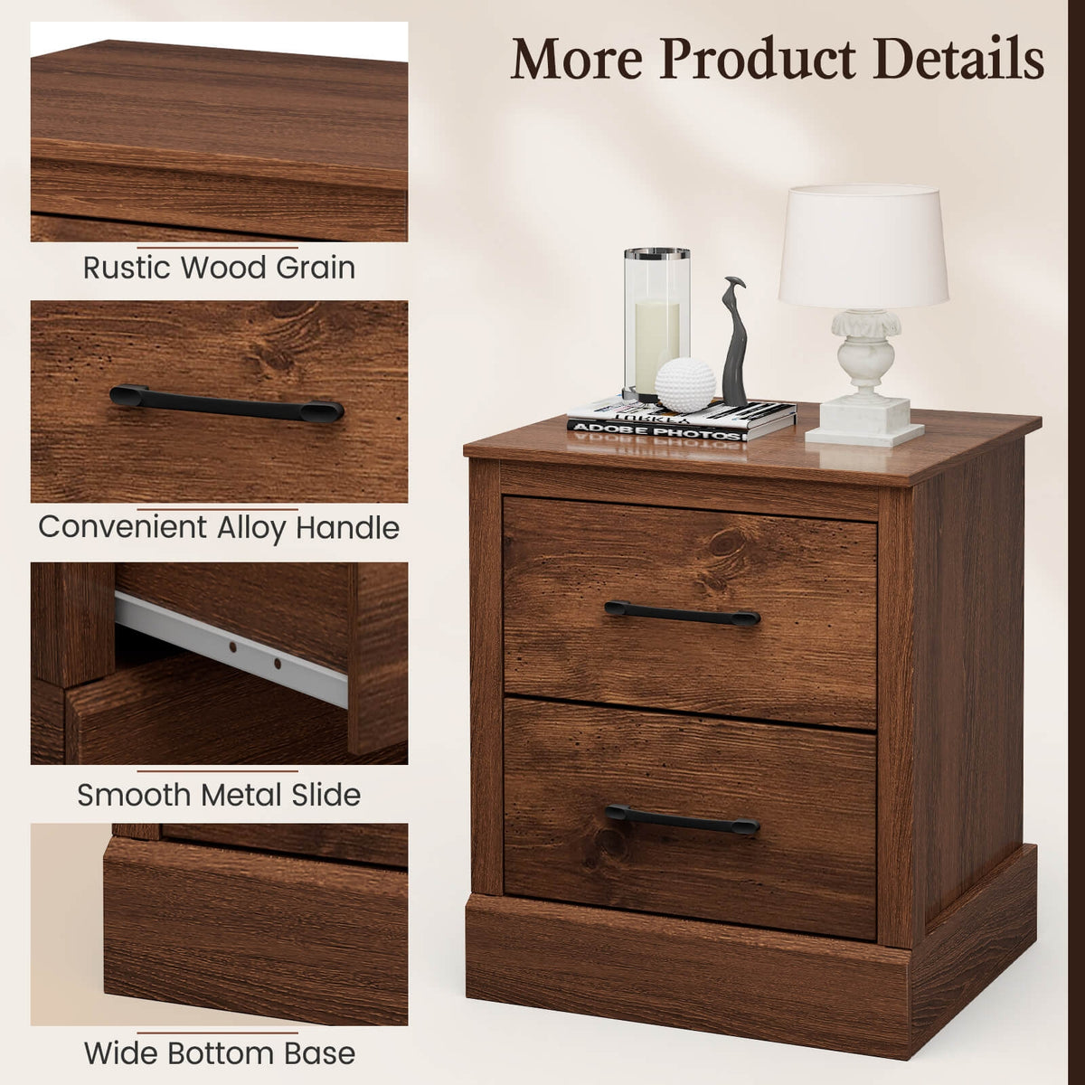 Wood Compact Floor Nightstand with Storage Drawers-Rustic Brown-Nightstands-DECOROLALA