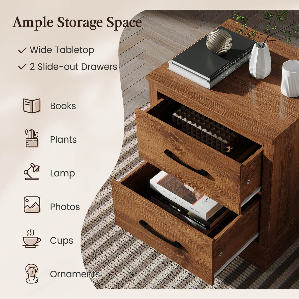 Wood Compact Floor Nightstand with Storage Drawers-Rustic Brown-Nightstands-DECOROLALA