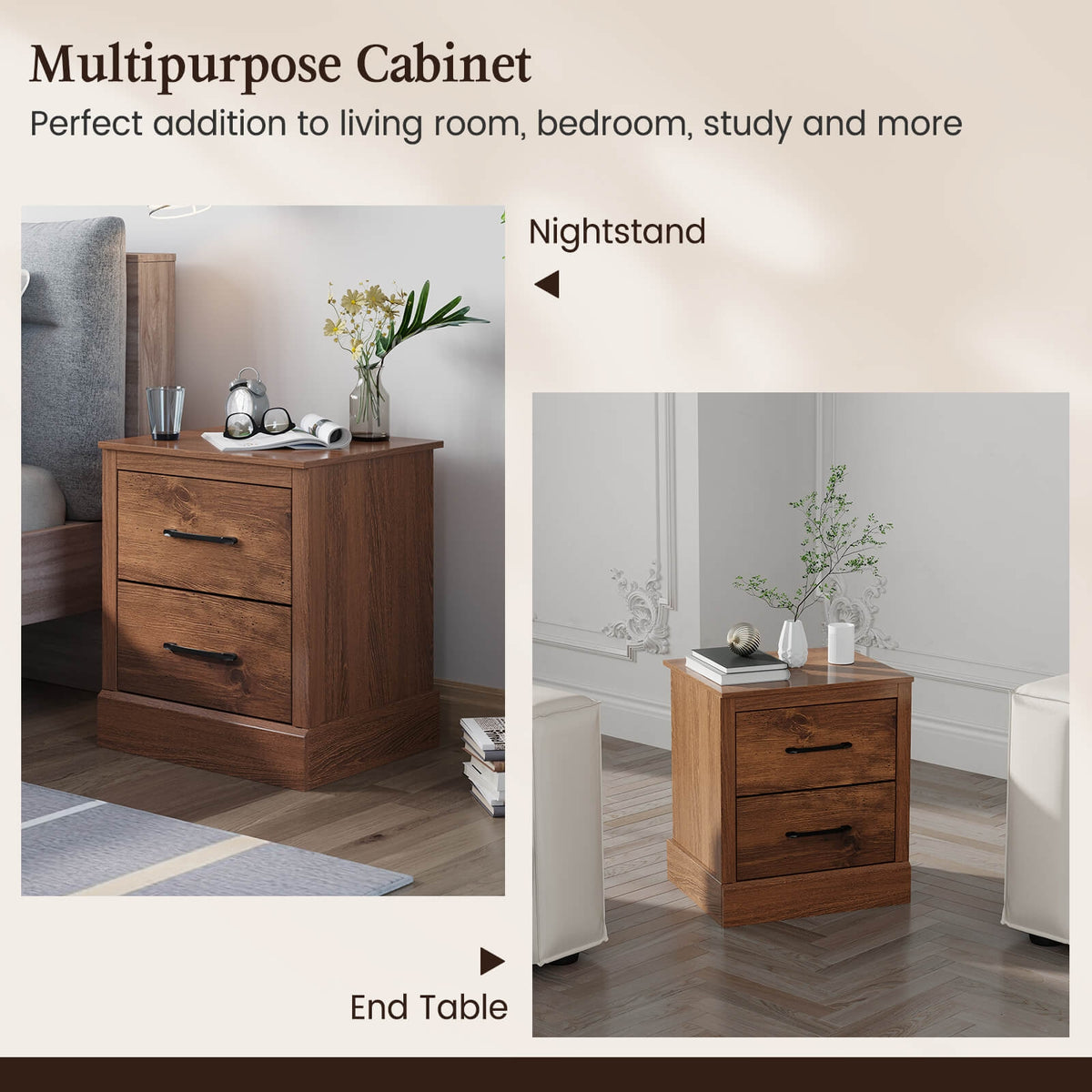 Wood Compact Floor Nightstand with Storage Drawers-Rustic Brown-Nightstands-DECOROLALA