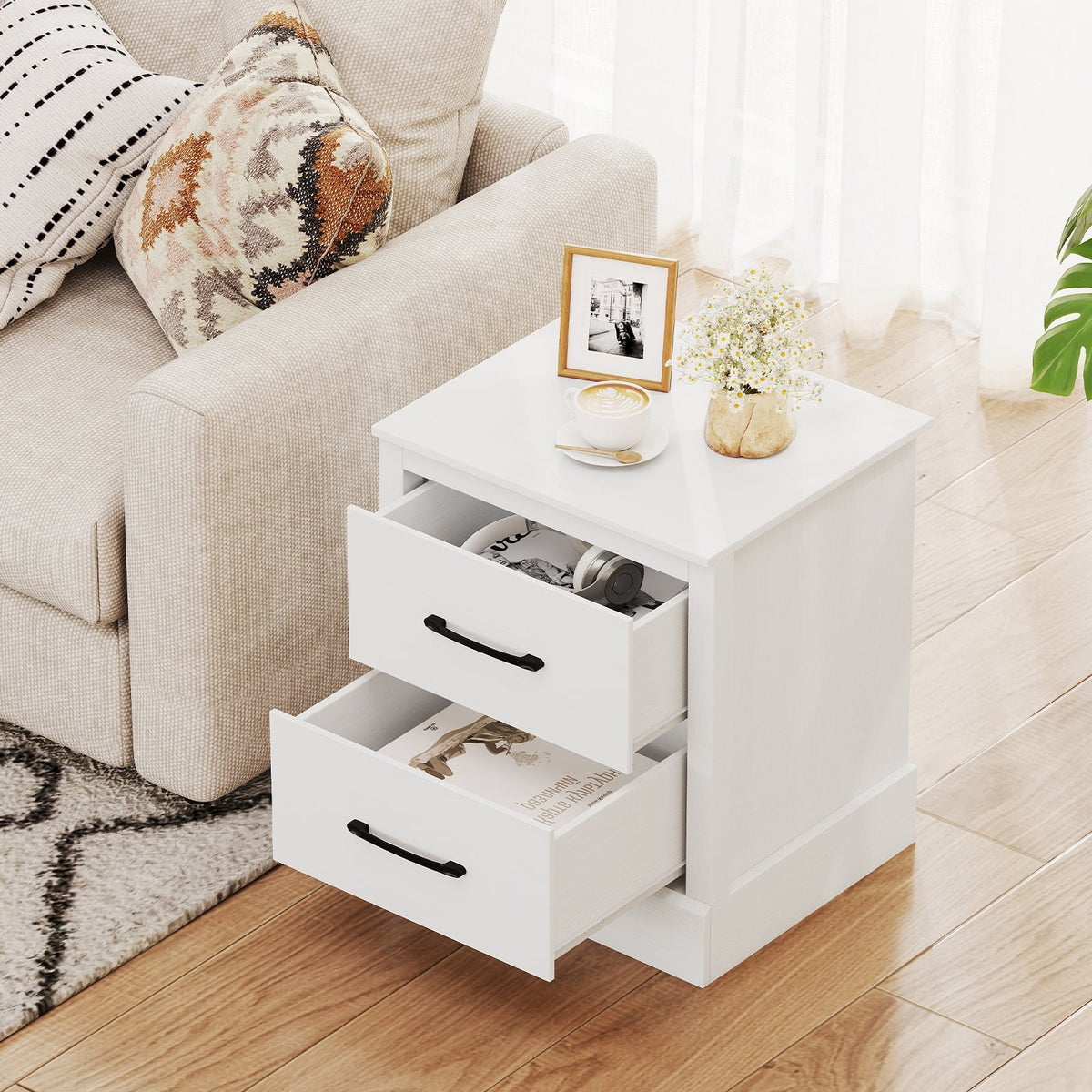 Wood Compact Floor Nightstand with Storage Drawers-White-Nightstands-DECOROLALA