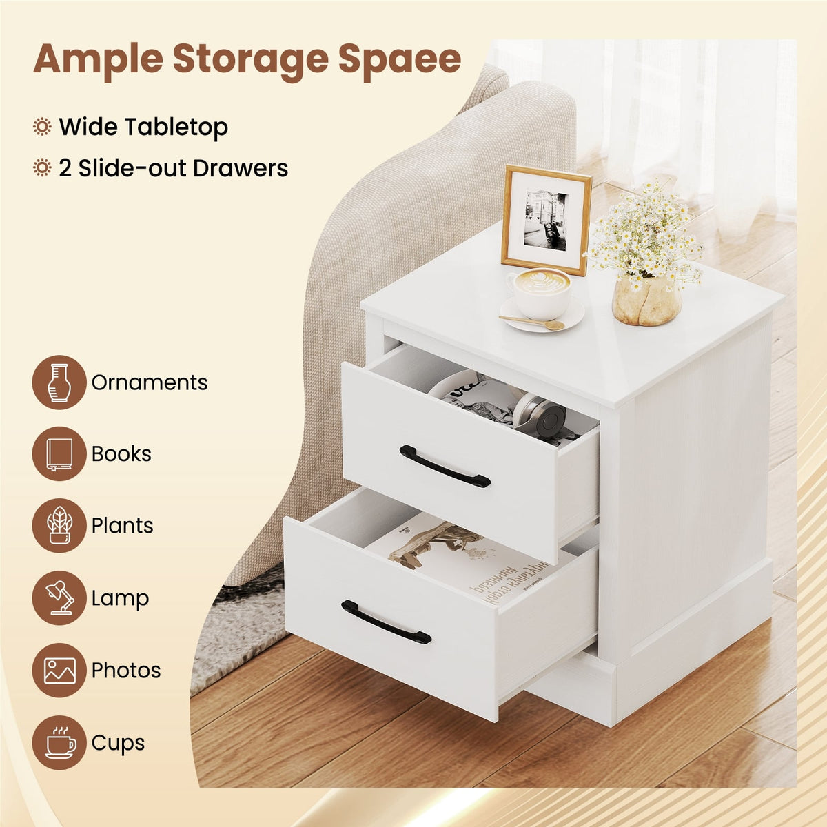 Wood Compact Floor Nightstand with Storage Drawers-White-Nightstands-DECOROLALA