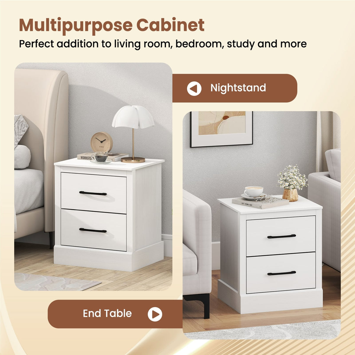 Wood Compact Floor Nightstand with Storage Drawers-White-Nightstands-DECOROLALA