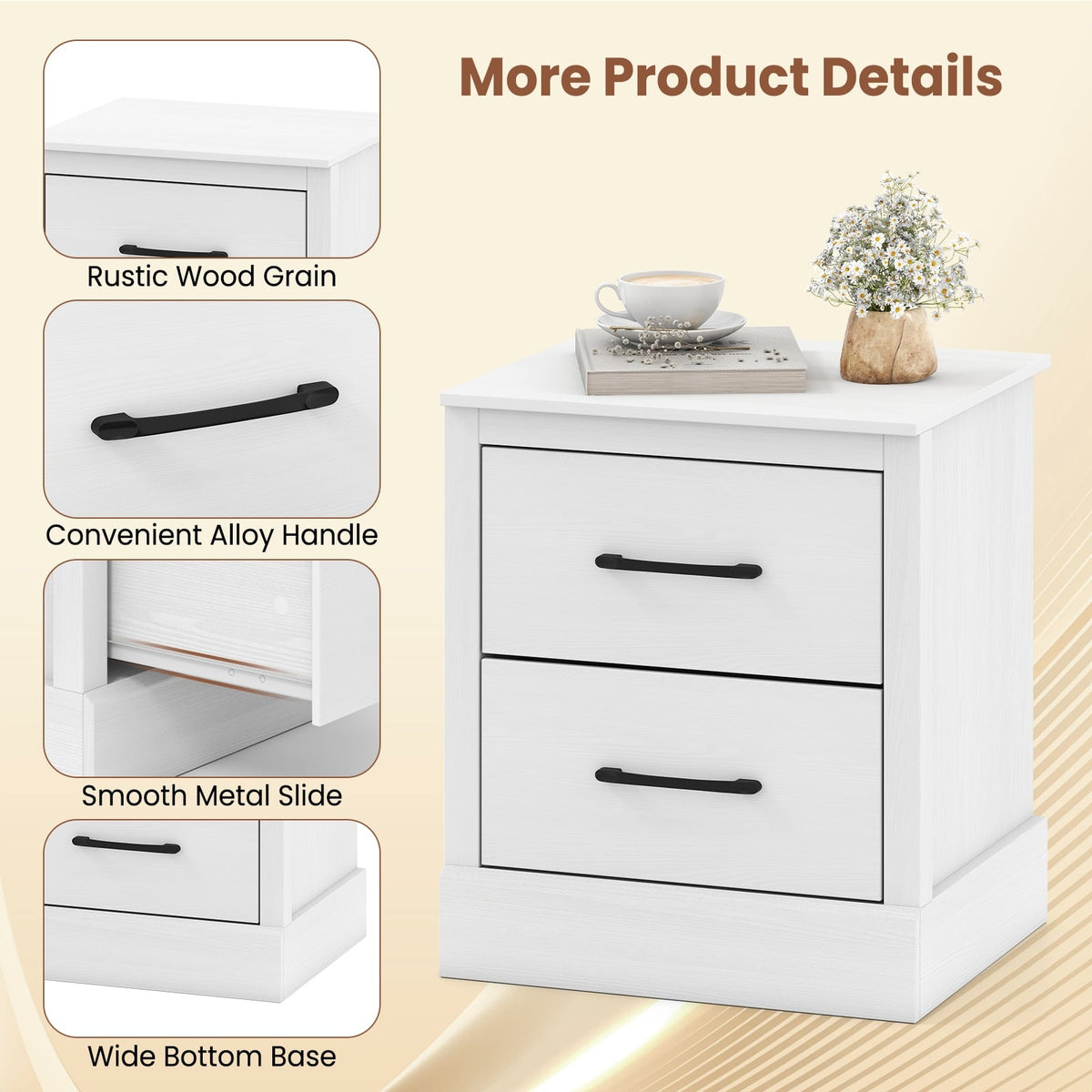 Wood Compact Floor Nightstand with Storage Drawers-White-Nightstands-DECOROLALA