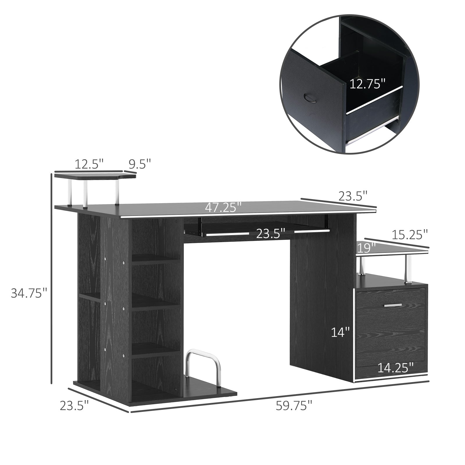 Wood Computer Desk - Black 60" w/ Storage Shelf-DECOROLALA