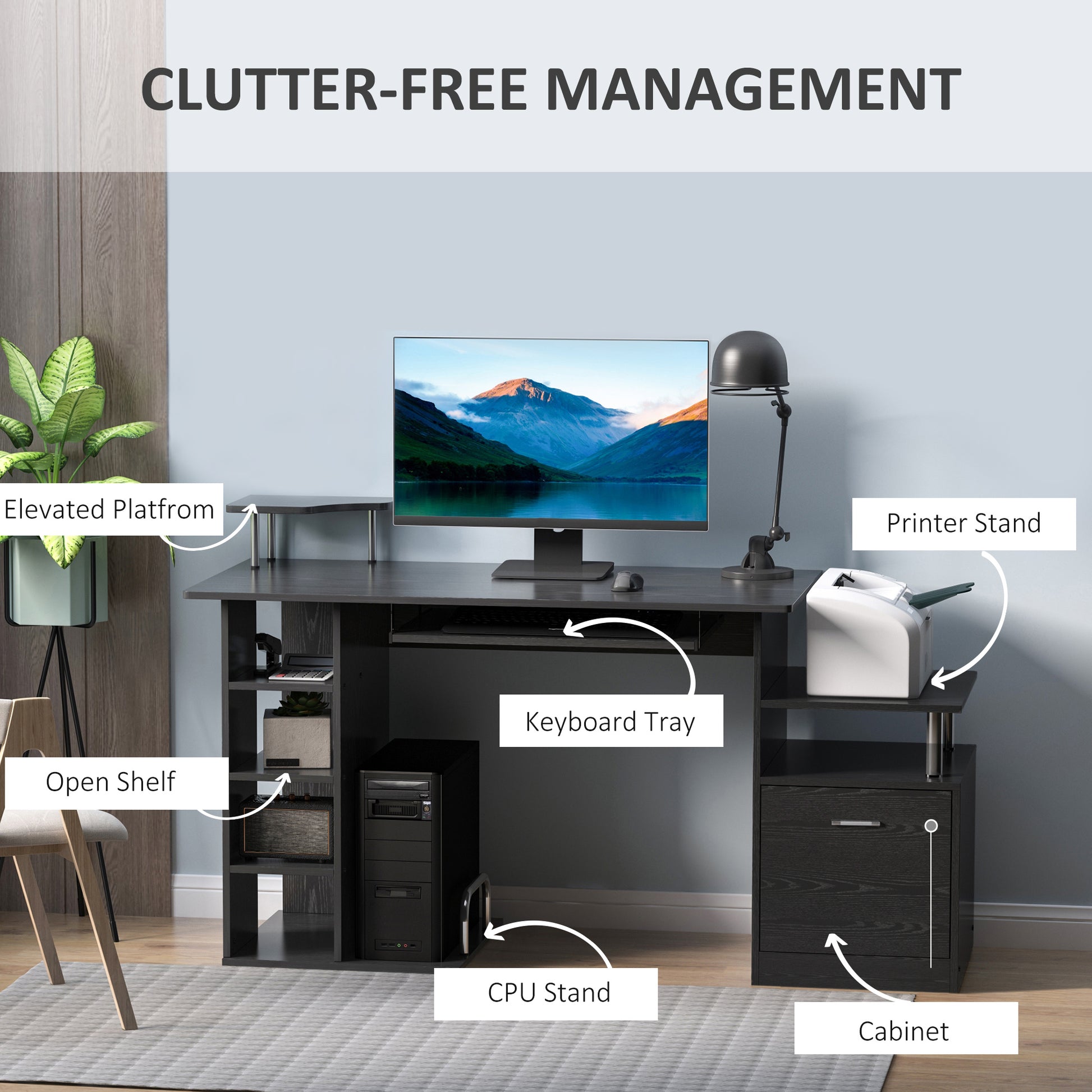 Wood Computer Desk - Black 60" w/ Storage Shelf-DECOROLALA