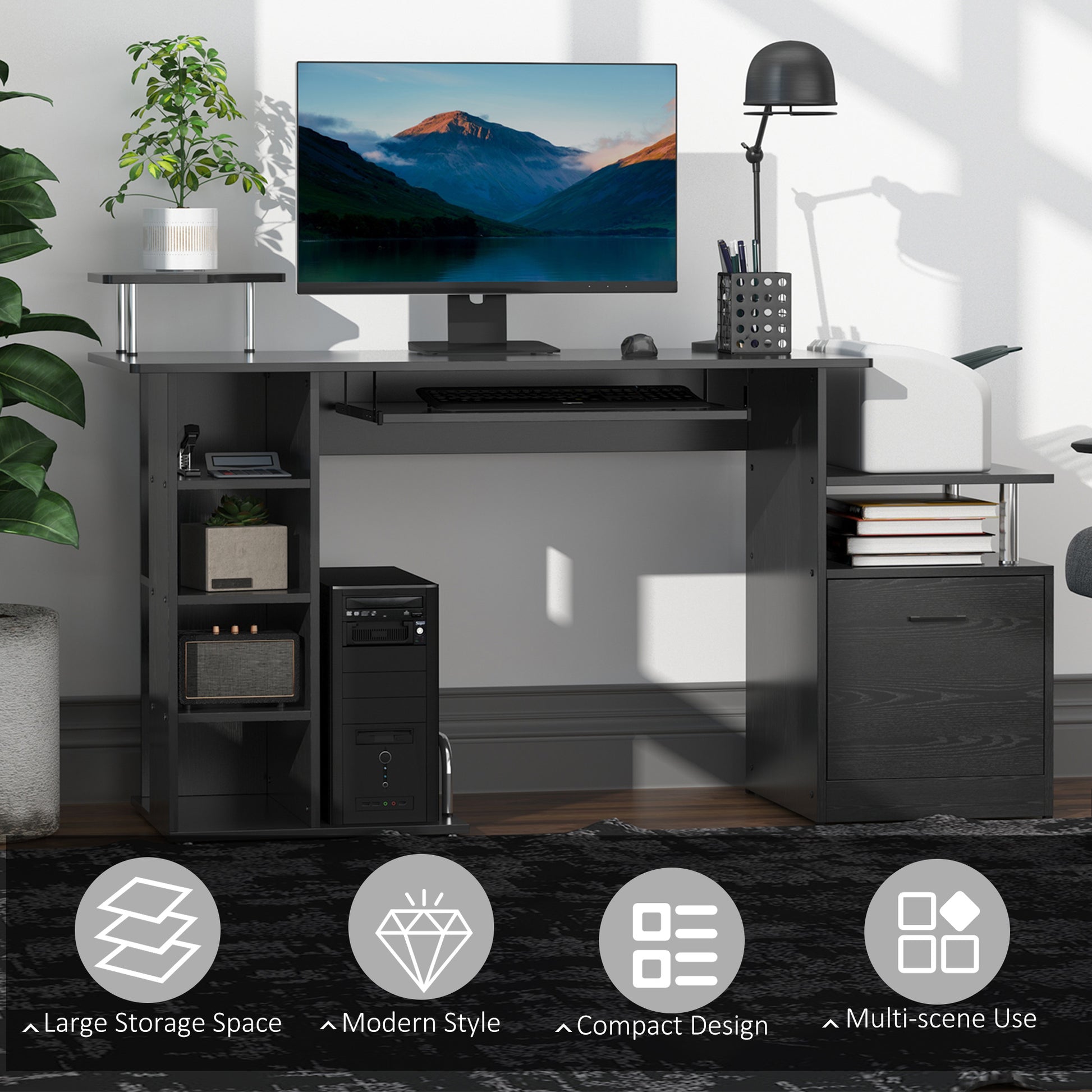 Wood Computer Desk - Black 60" w/ Storage Shelf-DECOROLALA