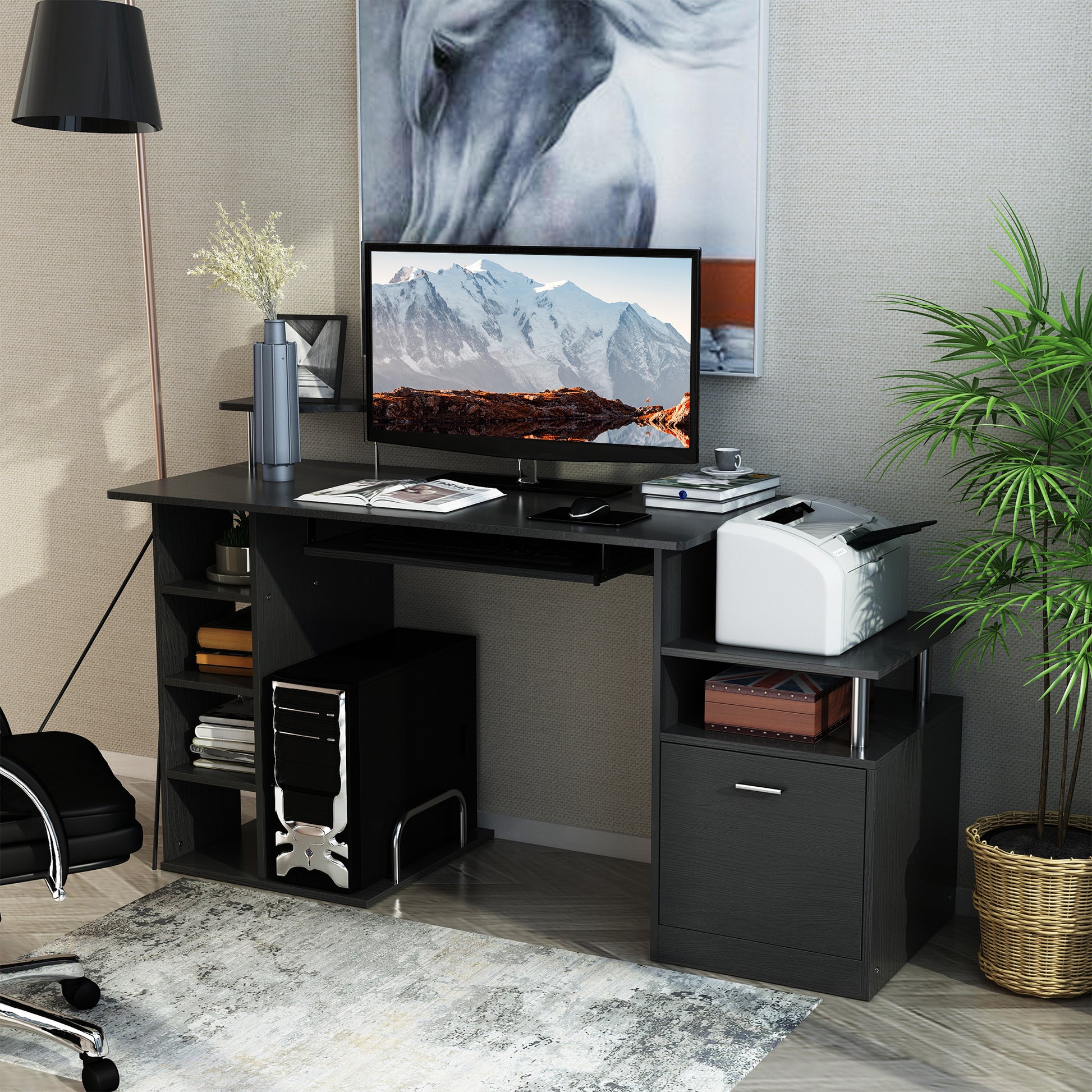 Wood Computer Desk - Black 60" w/ Storage Shelf-DECOROLALA