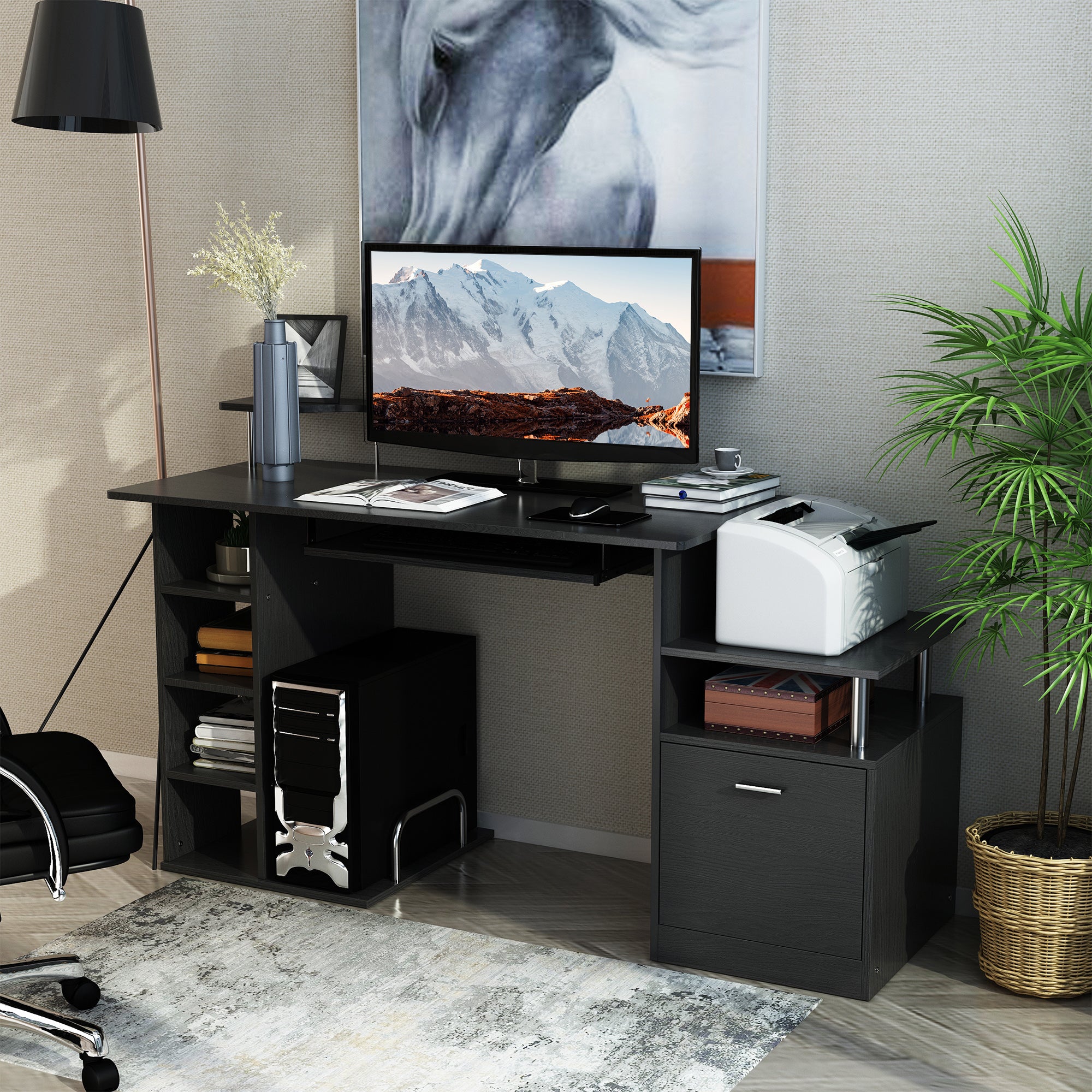Wood Computer Desk - Black 60" w/ Storage Shelf-DECOROLALA