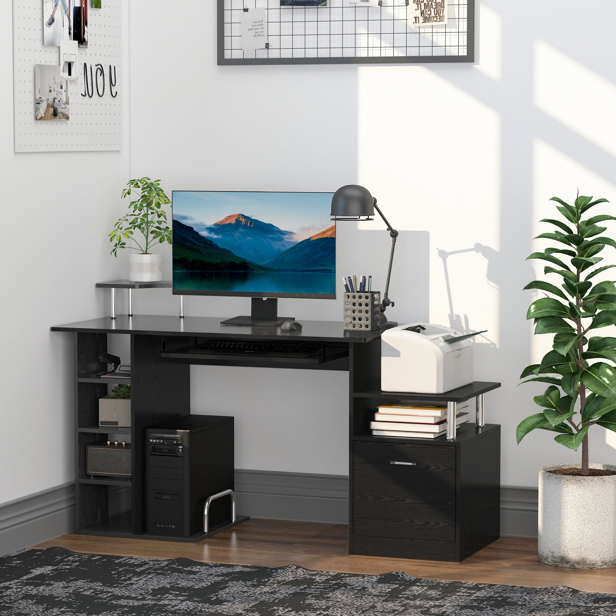 Wood Computer Desk - Black 60" w/ Storage Shelf-DECOROLALA