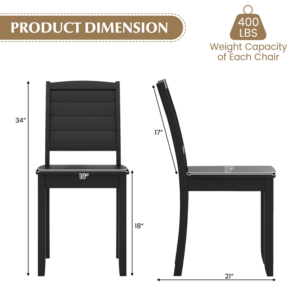 Wood Dining Chair Set of 2 Armless Kitchen Chairs with Rubber Wood Legs-Black-Dining Chairs-DECOROLALA