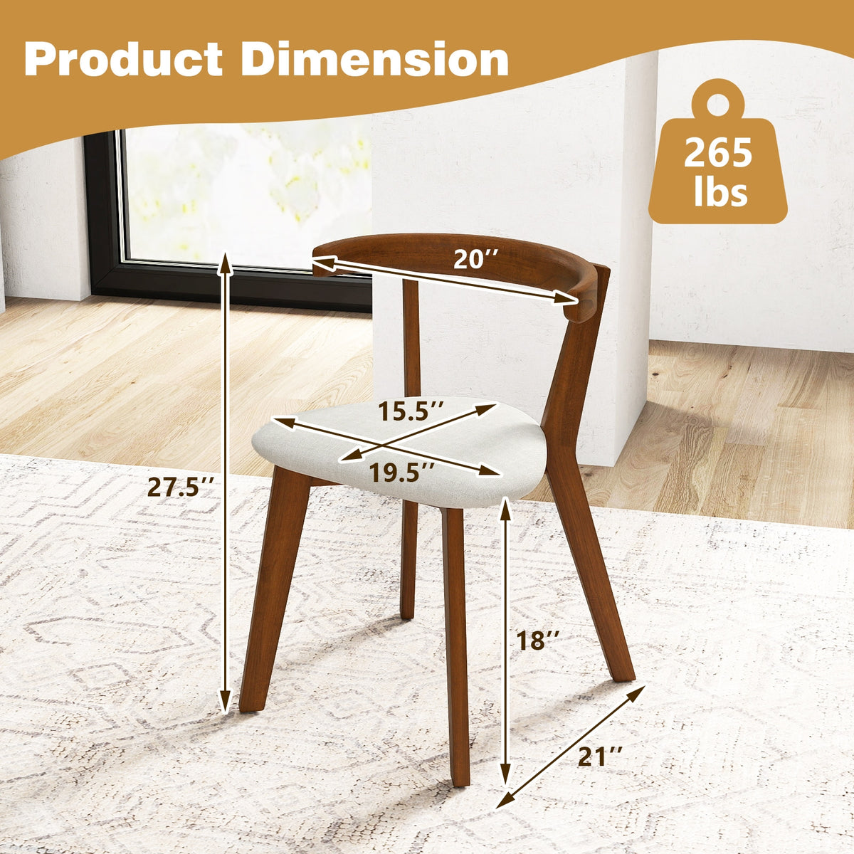 Wood Dining Chair Set of 2 with Padded Seat and Curved Back-Walnut-Dining Chairs-DECOROLALA