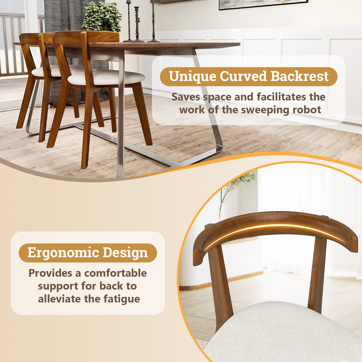 Wood Dining Chair Set of 2 with Padded Seat and Curved Back-Walnut-Dining Chairs-DECOROLALA