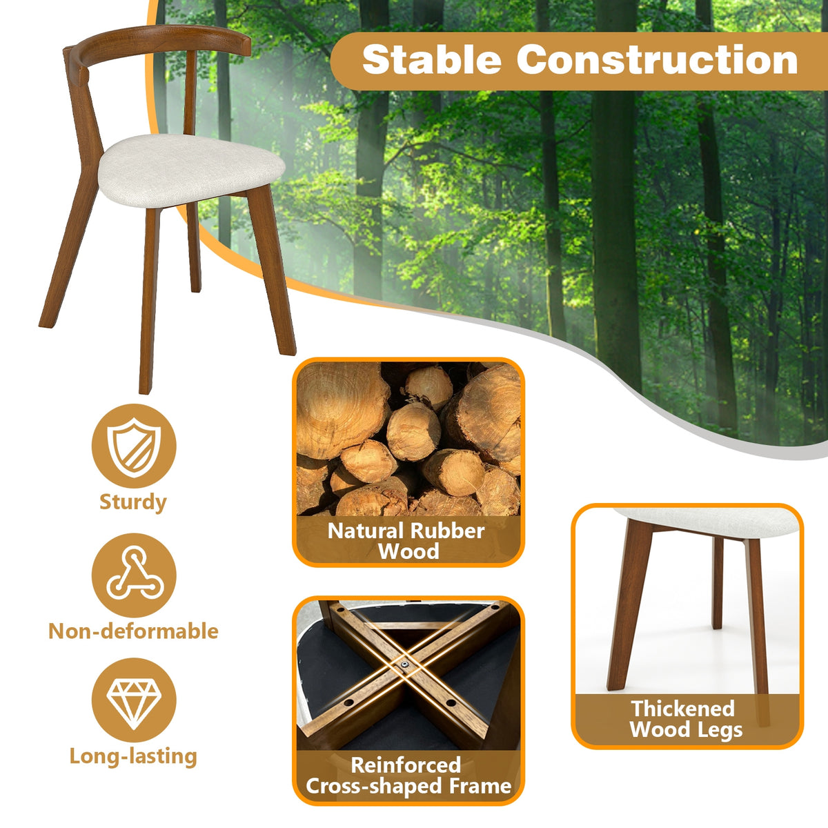 Wood Dining Chair Set of 2 with Padded Seat and Curved Back-Walnut-Dining Chairs-DECOROLALA