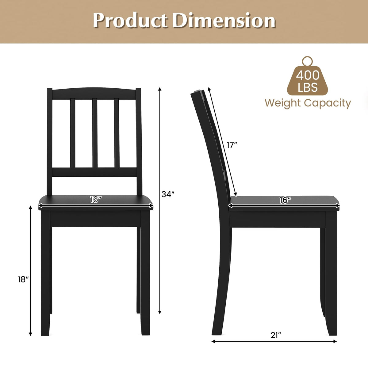 Wood Dining Chair Set of 2 with Rubber Wood Legs-Black-Dining Chairs-DECOROLALA