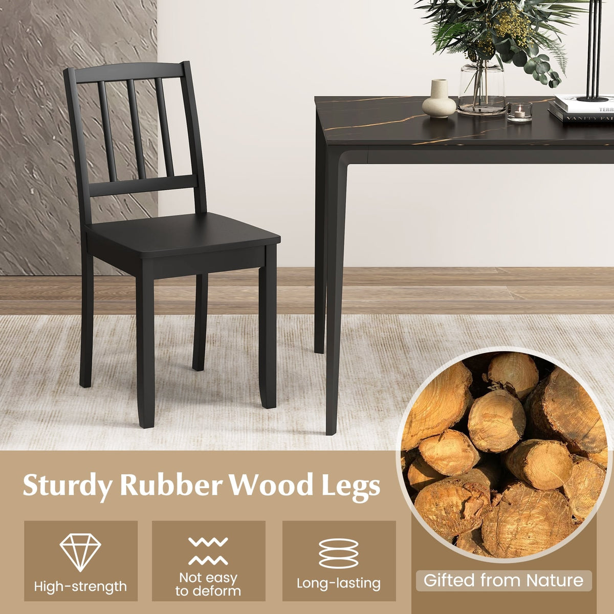 Wood Dining Chair Set of 2 with Rubber Wood Legs-Black-Dining Chairs-DECOROLALA
