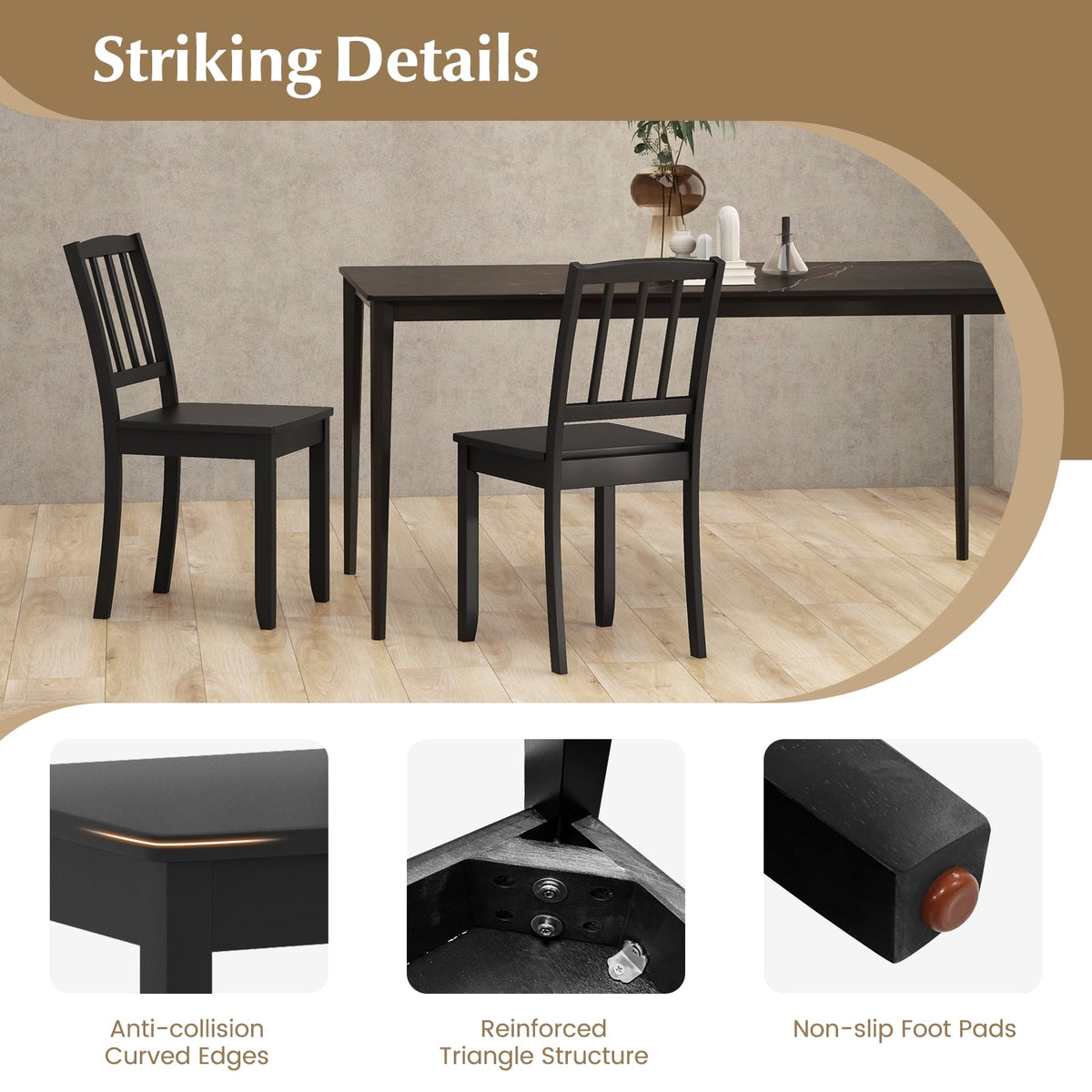 Wood Dining Chair Set of 2 with Rubber Wood Legs-Black-Dining Chairs-DECOROLALA
