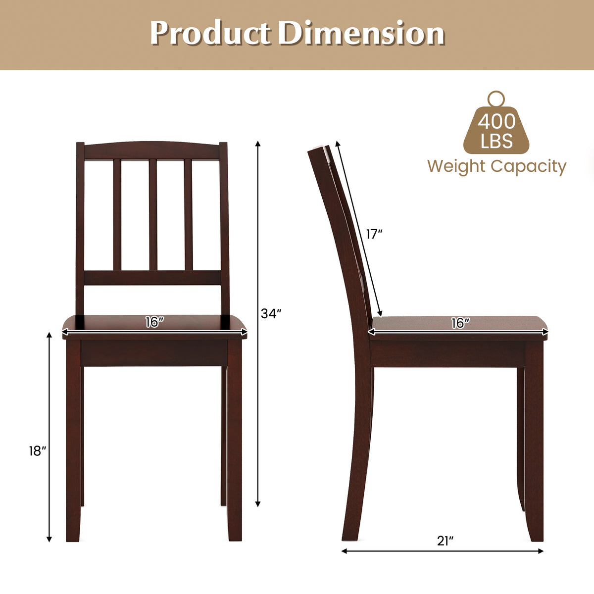 Wood Dining Chair Set of 2 with Rubber Wood Legs-Brown-Dining Chairs-DECOROLALA